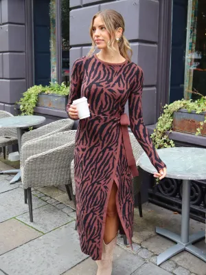 Evening Stroll Water Repellent Finish Renee Zebra Jacquard Knitted Midaxi Dress / Chocolate