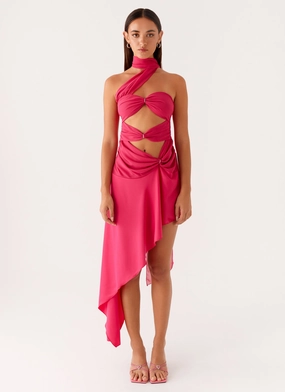 StretchableKnit Circa Scarf Midi Dress - Hot Pink