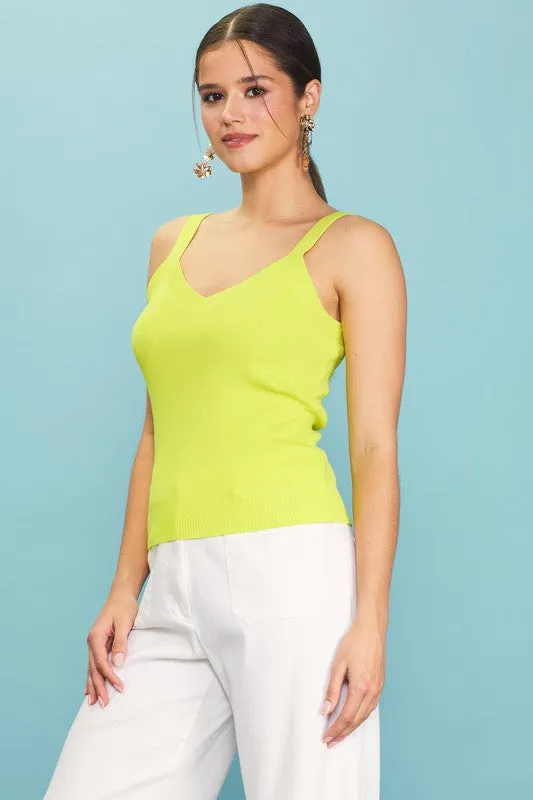 Minimalist Silhouette Cut Curved Hemline Cam V-Neck Tank - Lime Yellow