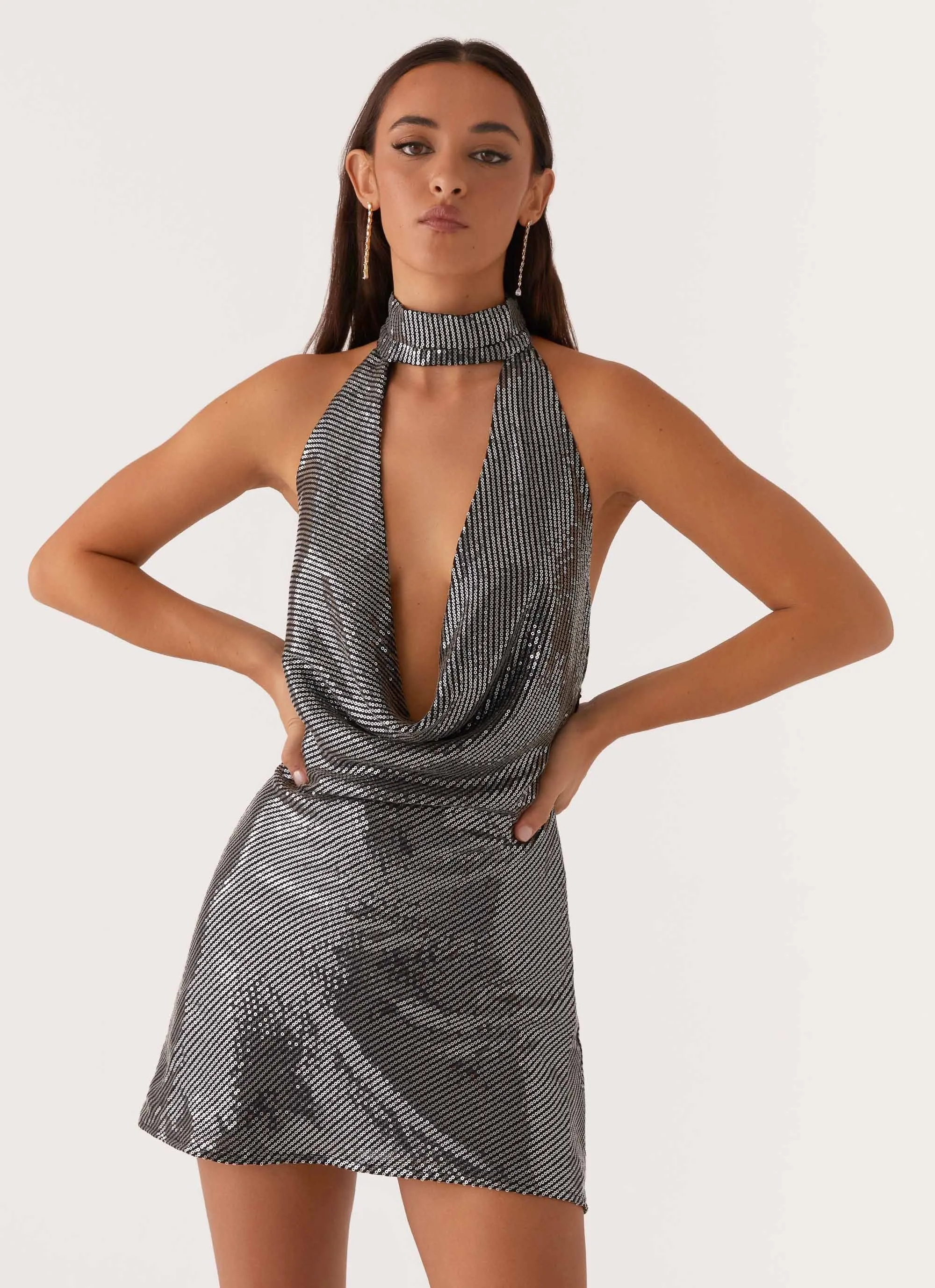 Life Soft Nora Sequin Cowl Neck Mini Dress - Black