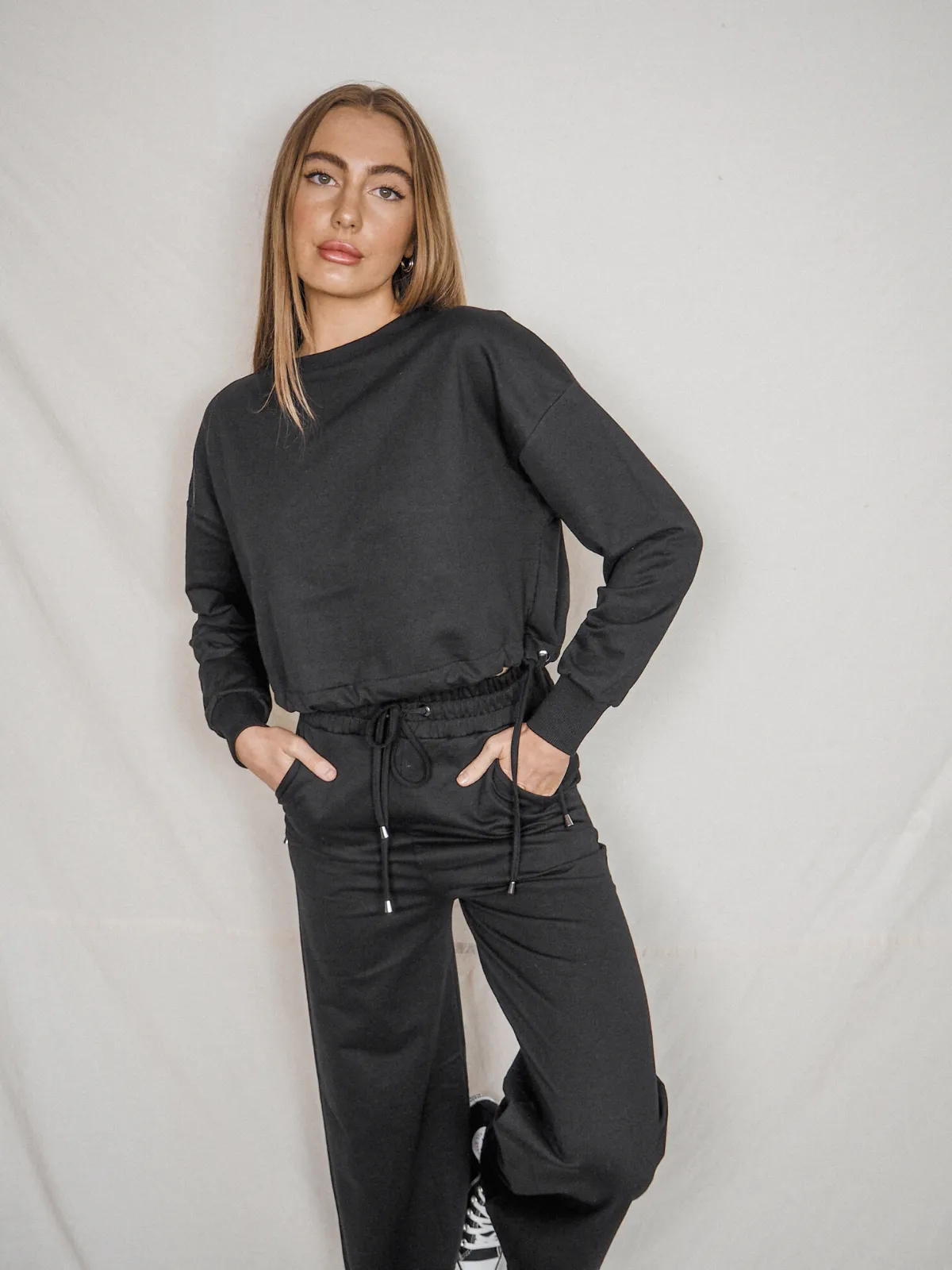 Kylie Black Cropped Tie Sweatshirt MicrofiberBlend