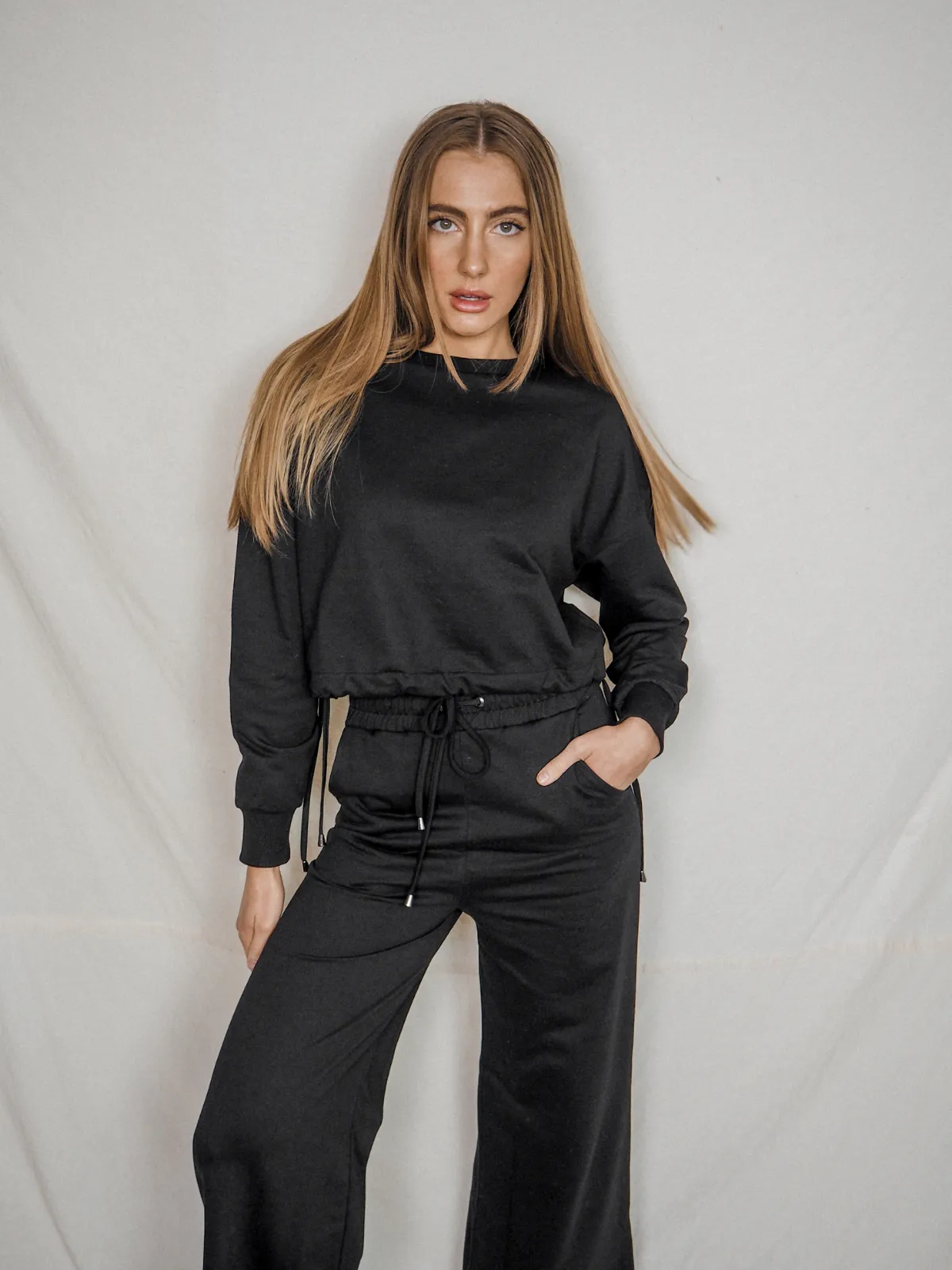 Kylie Black Cropped Tie Sweatshirt Relaxed Silhouette