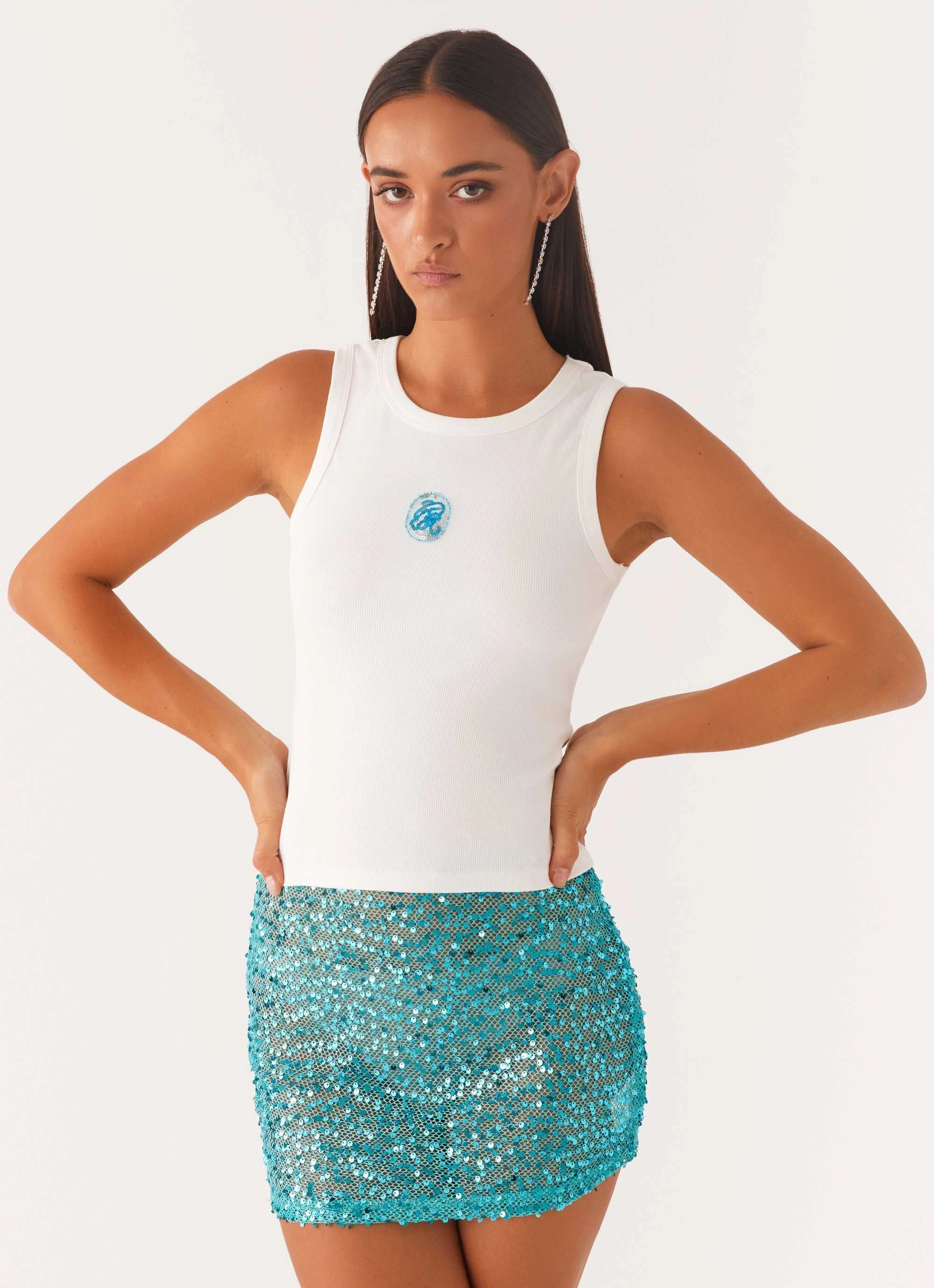 Signature Beaded Logo Tank - White Elasticated Hem StaticResistantFabric