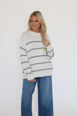 Boyfriend Stripe Sweater - White Ribbed Collar Detail Compression Knit Support