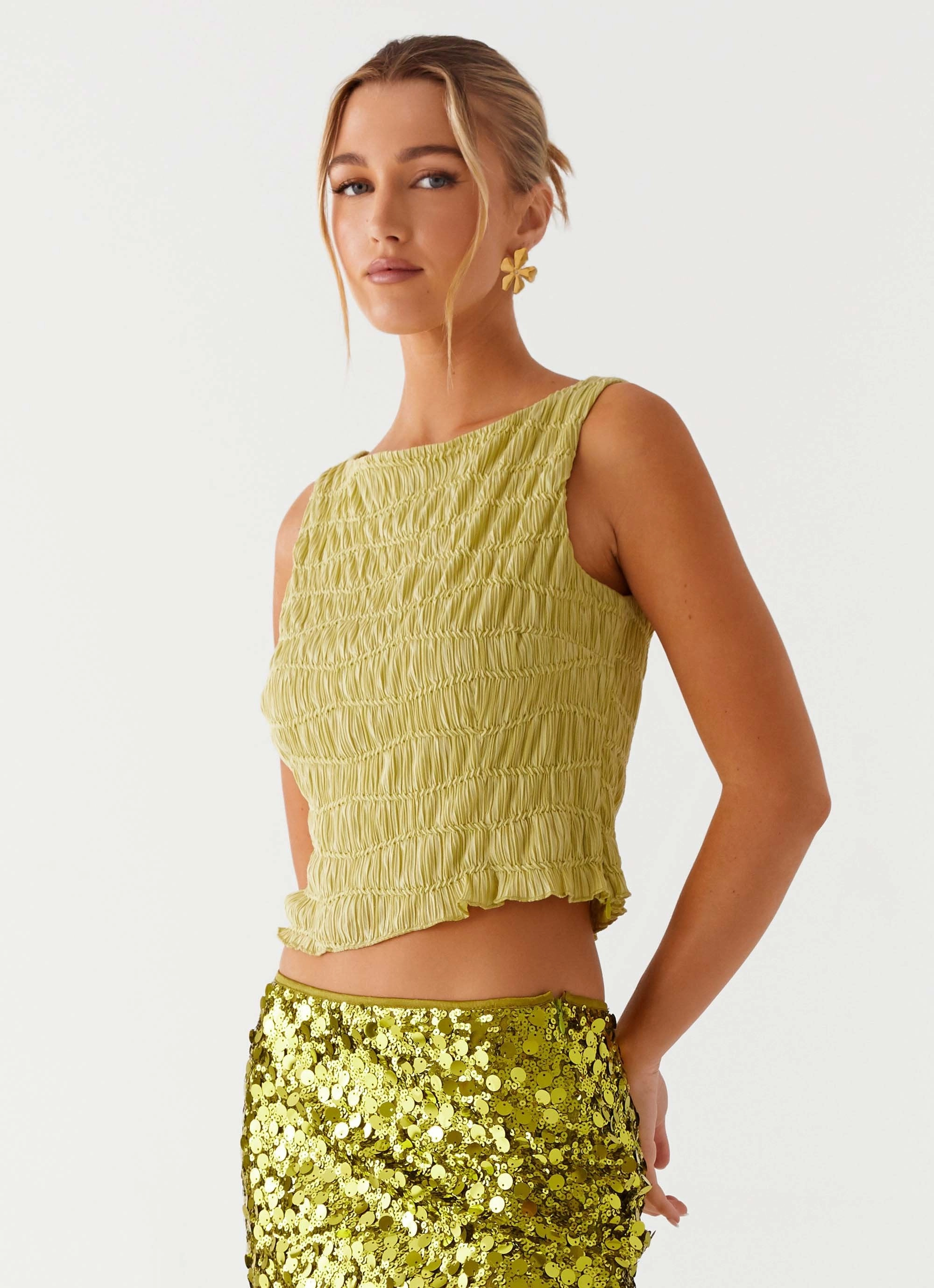 Wrinkle Free Weave PlacketDetail Supernova Boat Neck Top - Lime