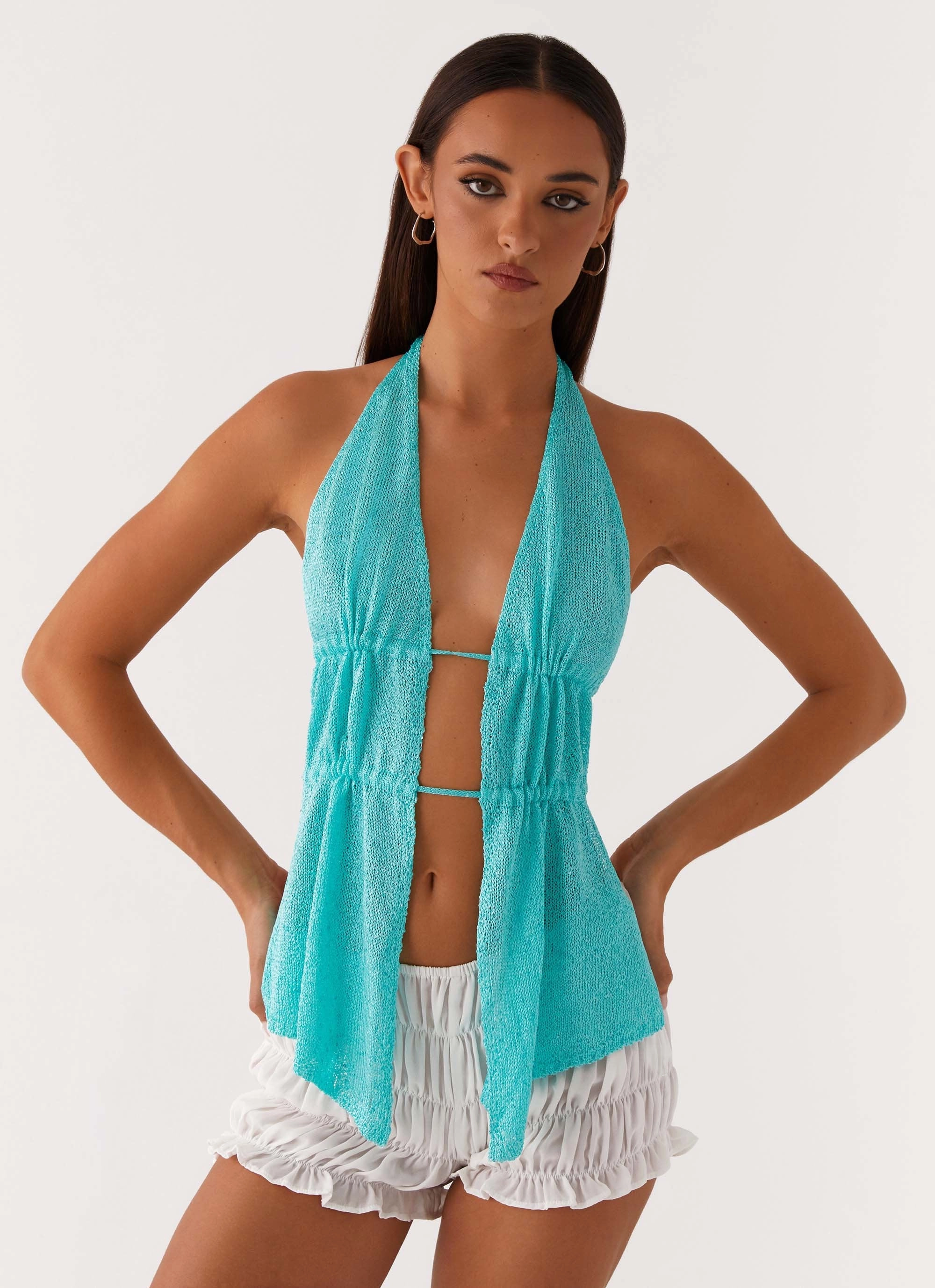 Callie Ruched Halterneck Top - Turquoise MultiPocket Design