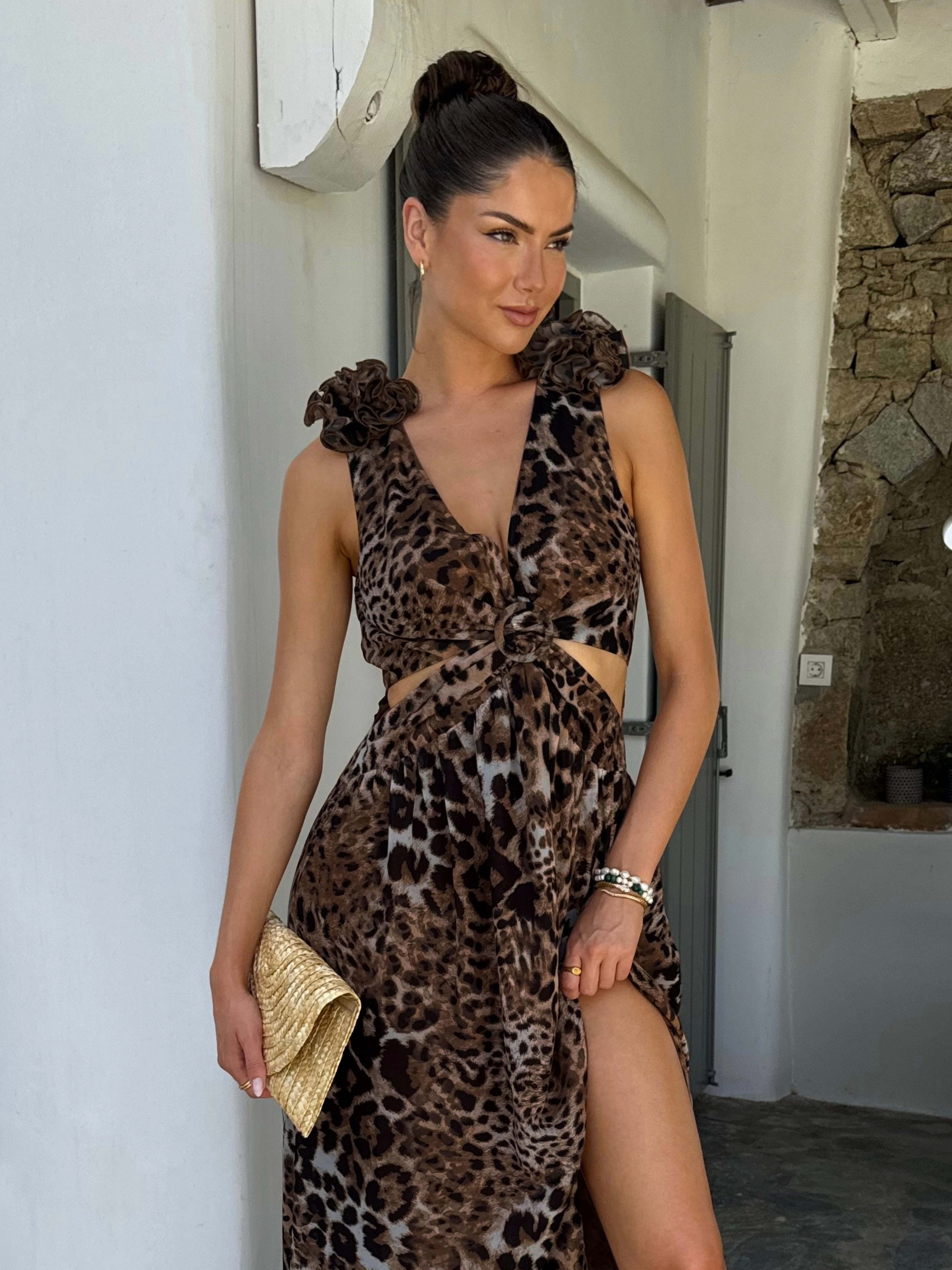 Classic and Chic Urban Fit Layla Maxi dress with shoulder corsage / Animal print