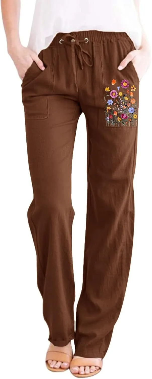 LCMTWX Beach Pants for Women Solid Cotton and Pants with Pocket Long Pants Linen Pants Women Plus Size Cute Pants for Women