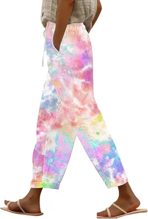 LCMTWX Linen Pants for Women 2025 Casual Drawstring Pants Capri Pants 2025 Pants with Pockets Wide Leg Cropped Pants