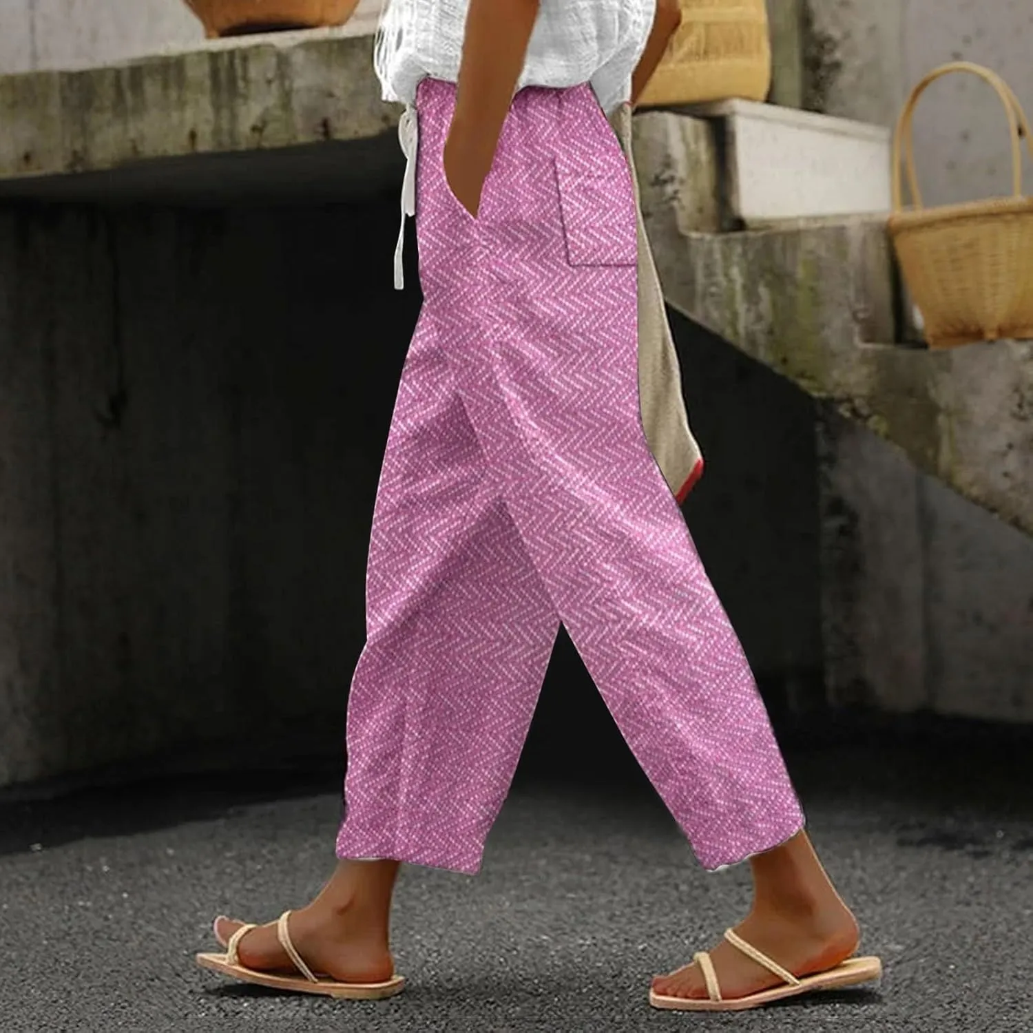 LCMTWX Summer Linen Pants for Women 2025 Drawstring Pants Capri Pants 2025 Pants with Pockets Wide Leg Cropped Pants Beach