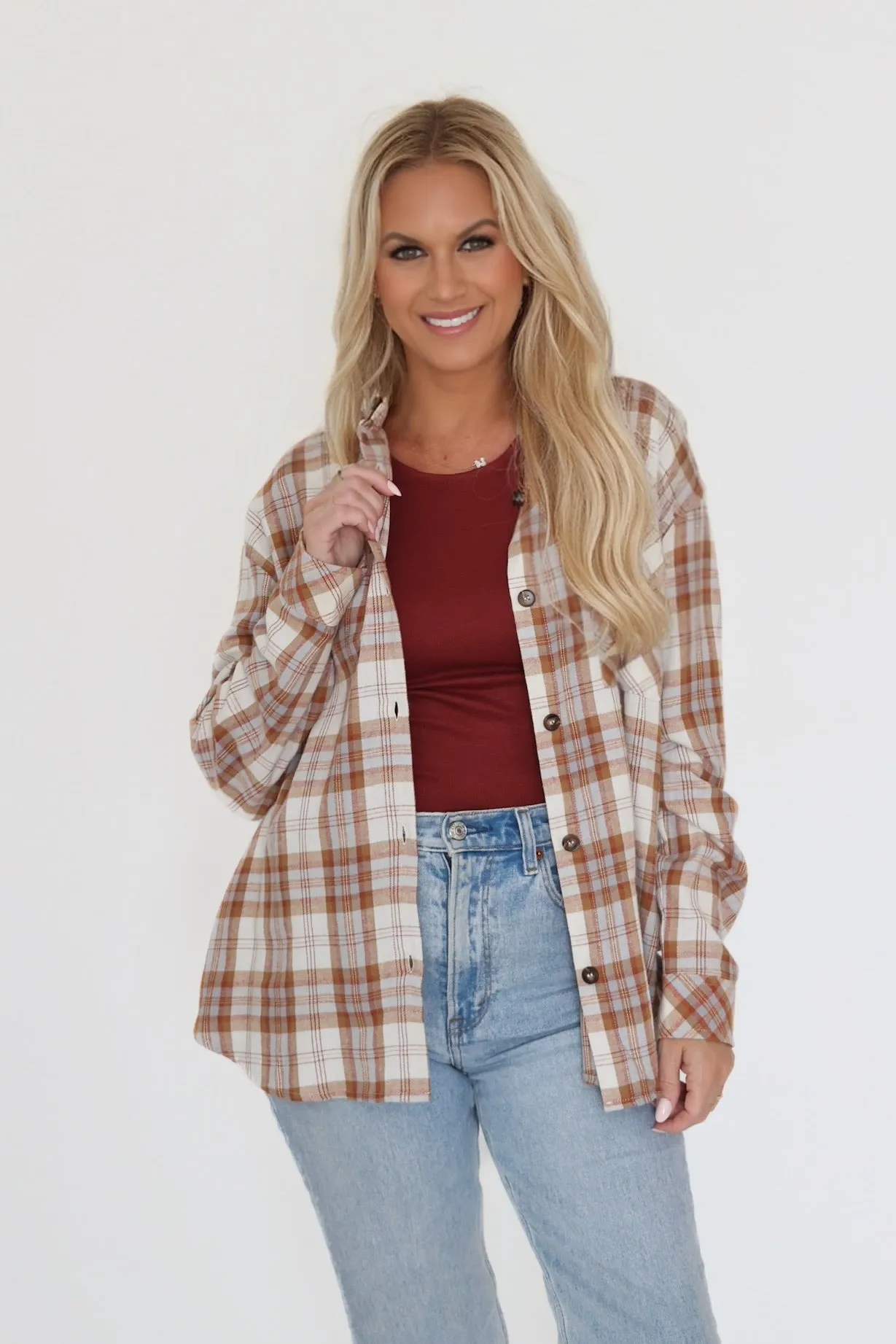 Leah Plaid Shirt - Camel Stretch Waistband Design