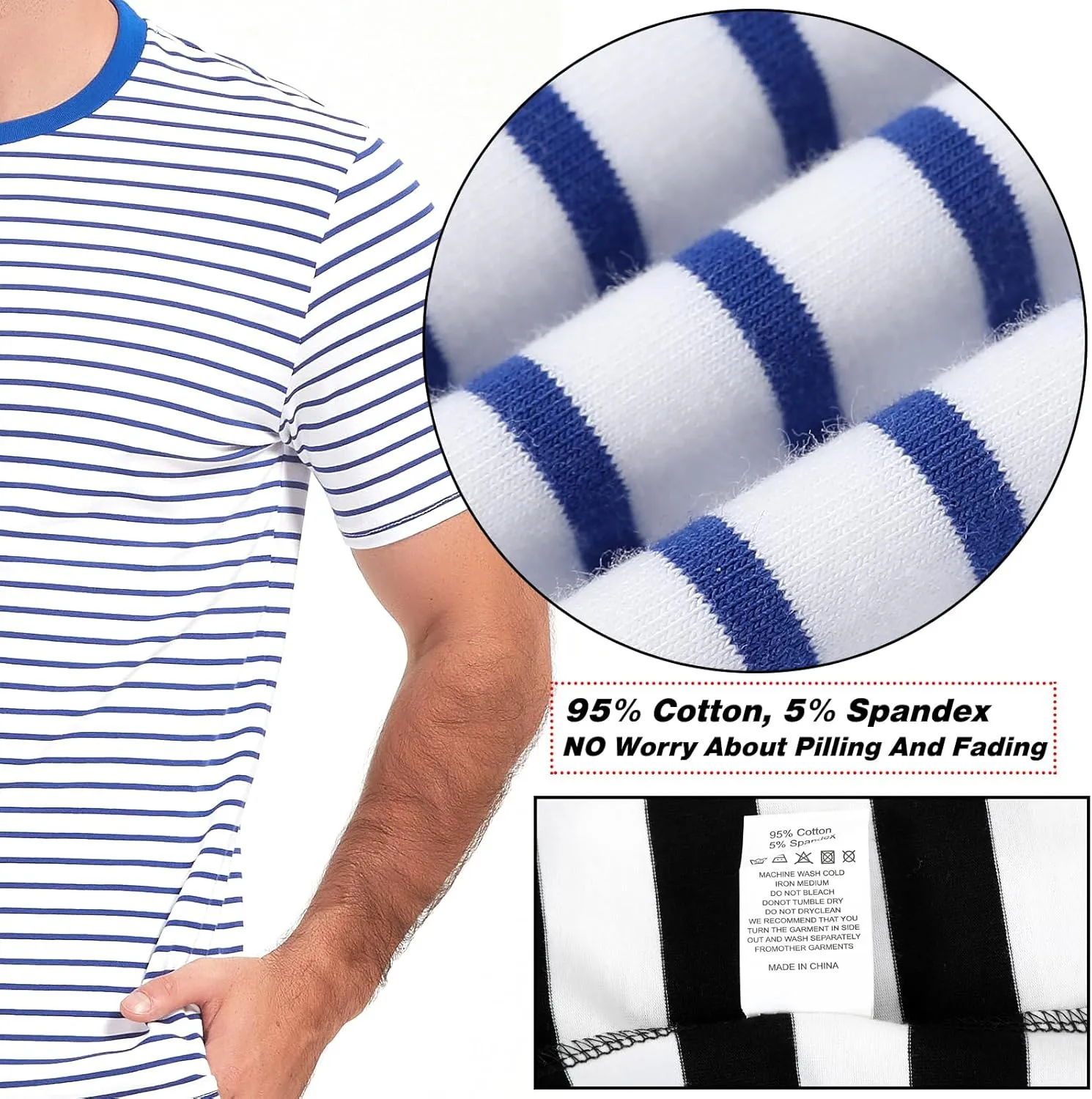 LEDING Casual Shirts Mens Short Sleeve Striped Black White Cotton Spandex Summer Holiday Travel Basic Pullover Crew Shirt