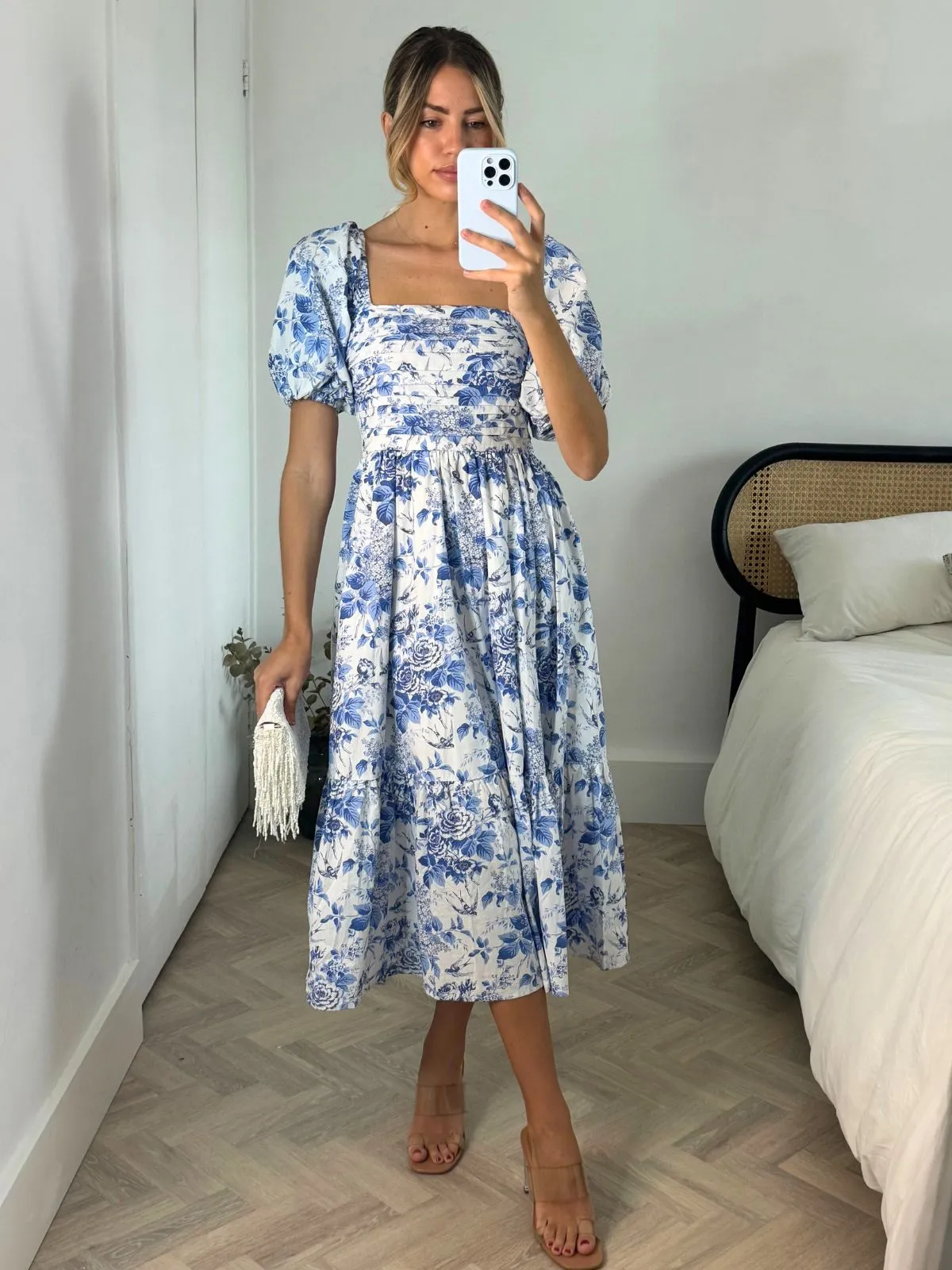 Chilly Weather Wear Leighton Puff Sleeve Midi Dress in Blue Floral