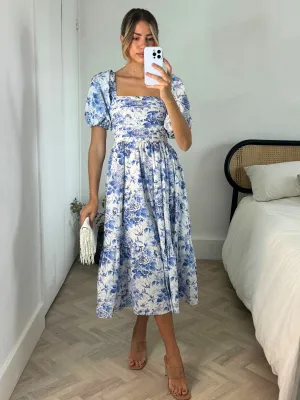Chilly Weather Wear Leighton Puff Sleeve Midi Dress in Blue Floral