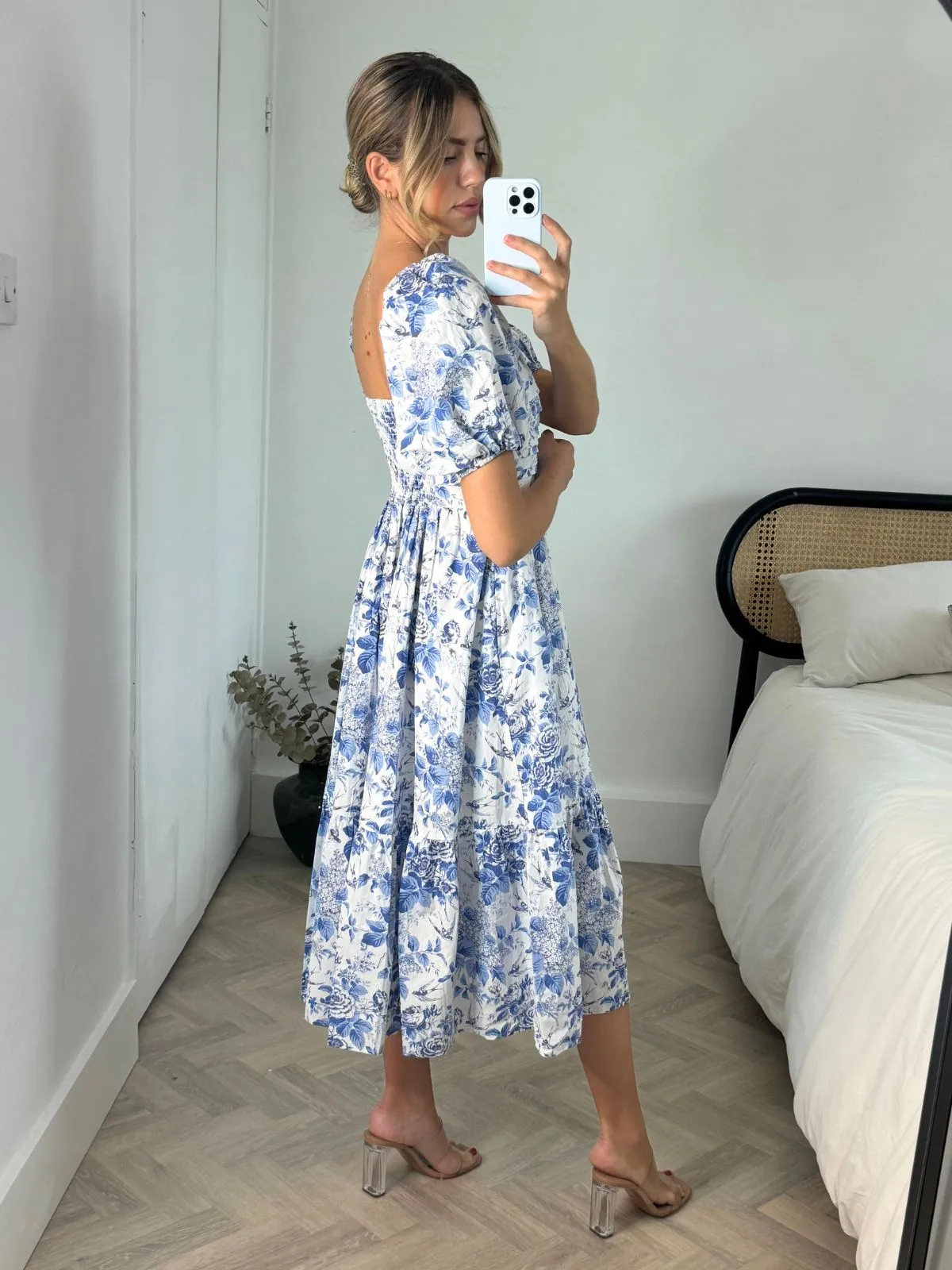 Leighton Puff Sleeve Midi Dress in Blue Floral Vibrant Layer