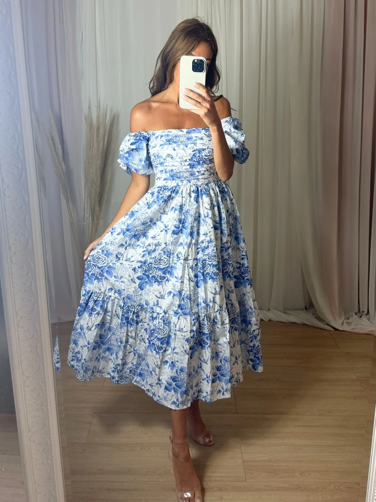 Leighton Puff Sleeve Midi Dress in Blue Floral Day Chic Vibrant Waist