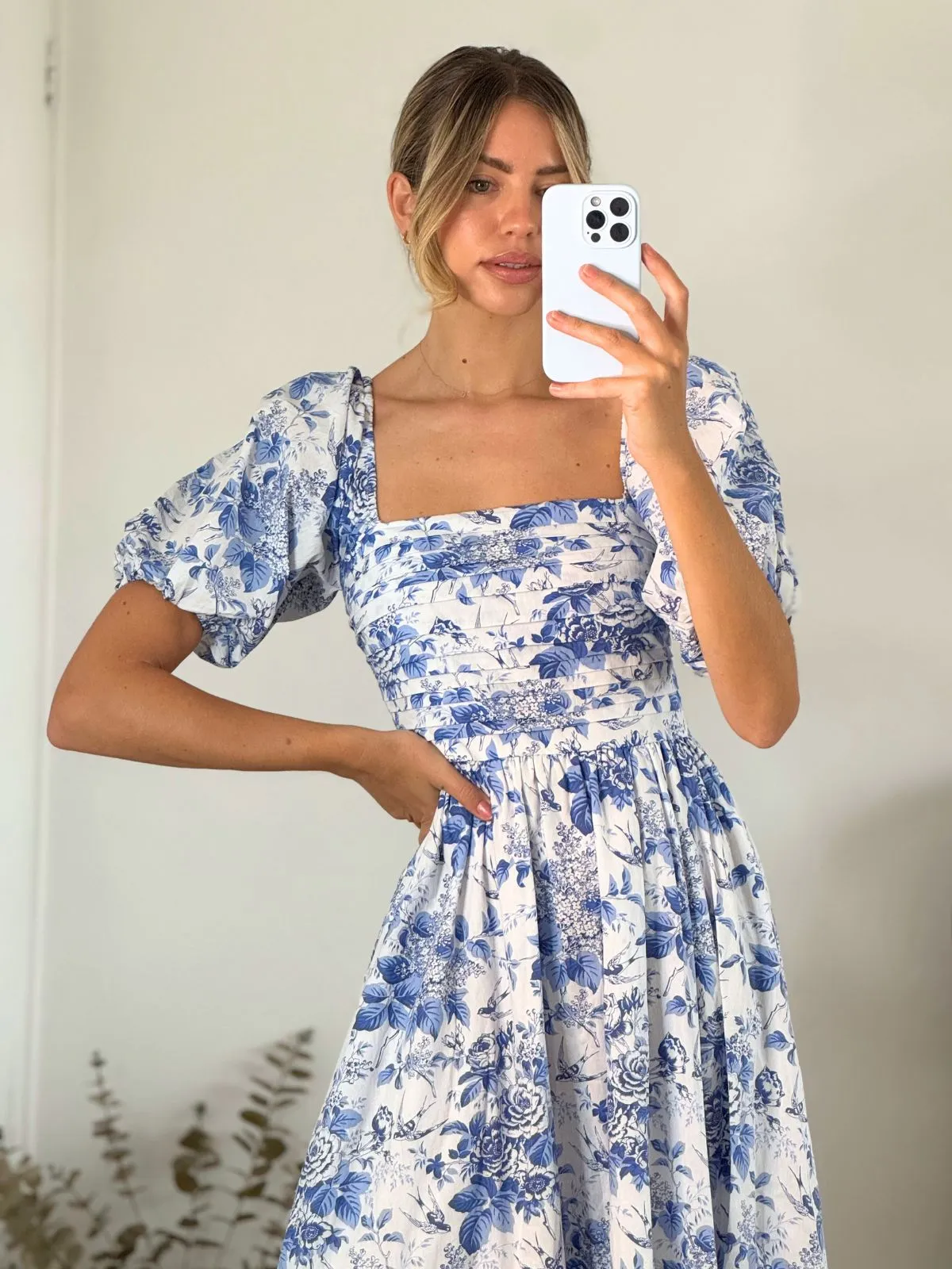 Leighton Puff Sleeve Midi Dress in Blue Floral Fall Fashion