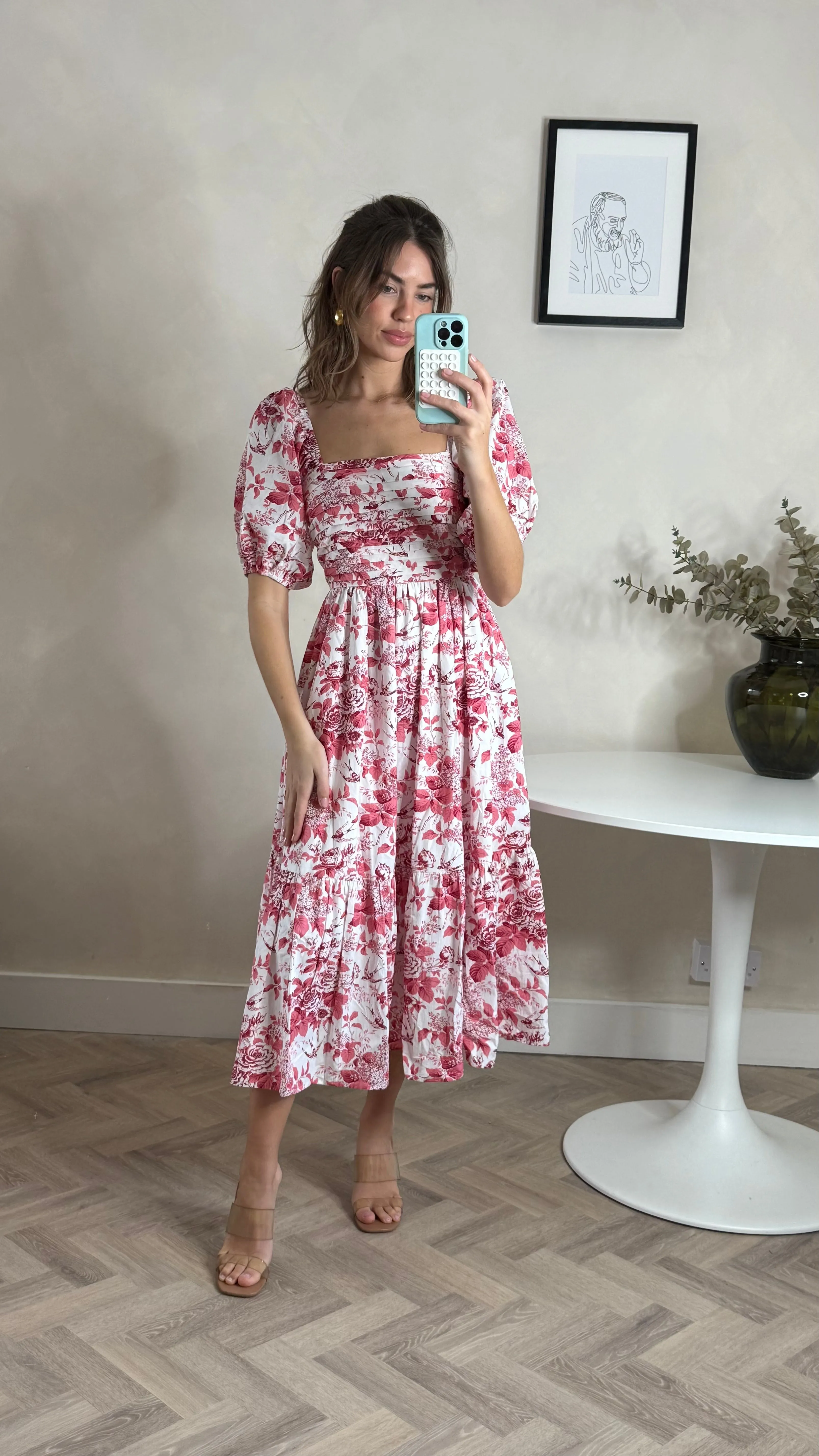 Bodycon Fit Leighton Puff Sleeve Midi Dress in Pink Floral