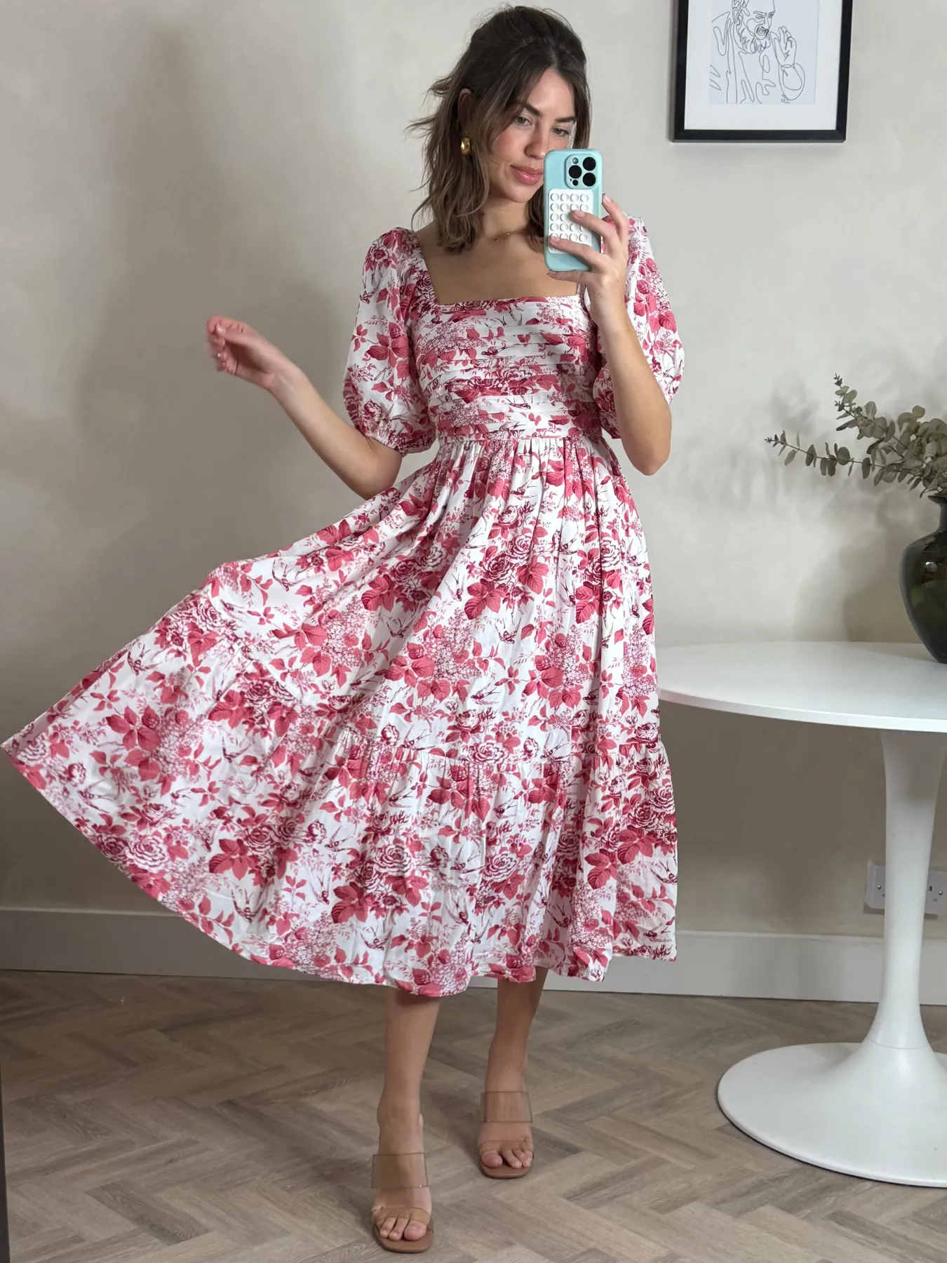 Layering Piece Leighton Puff Sleeve Midi Dress in Pink Floral