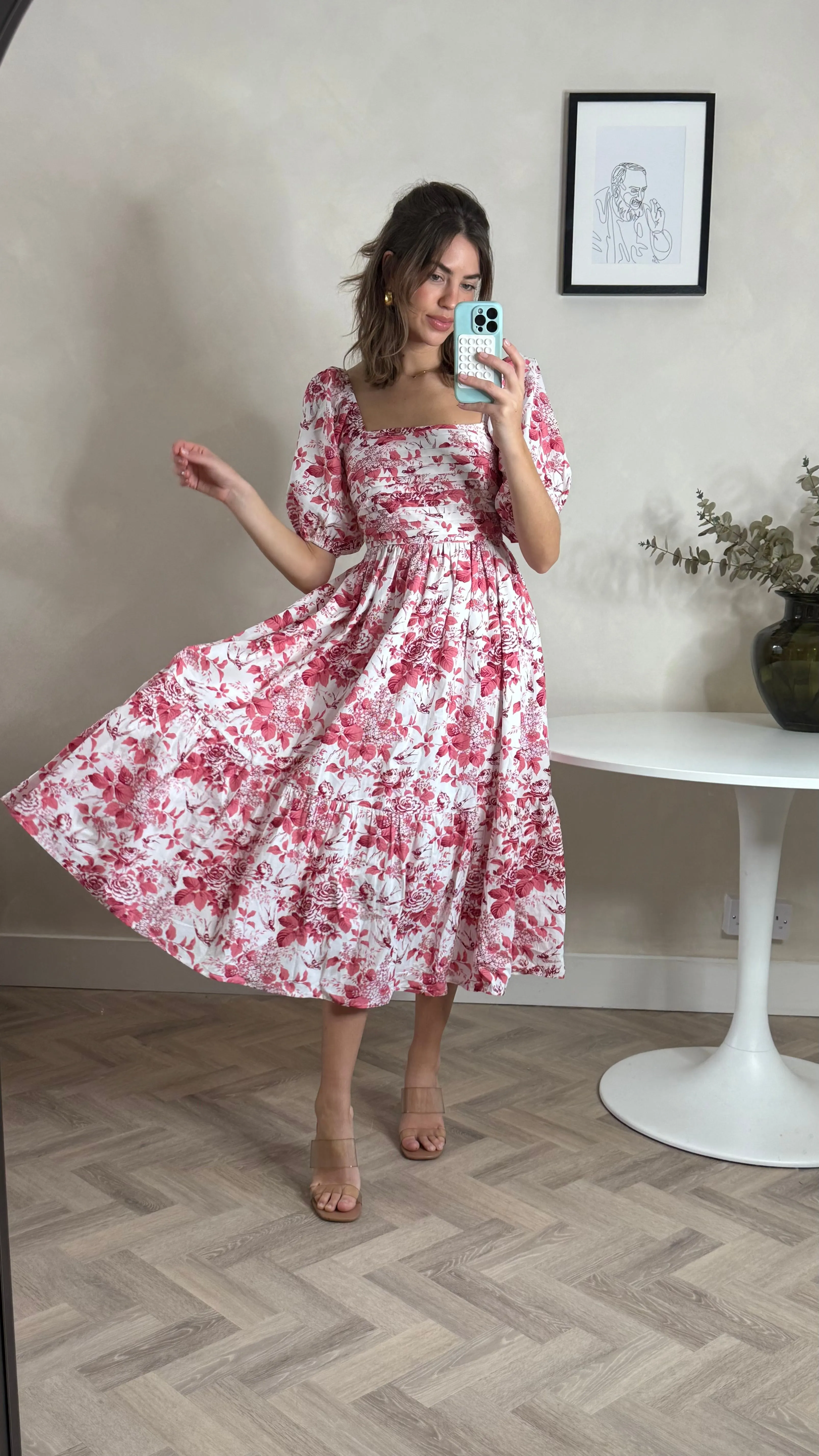 skin friendly Leighton Puff Sleeve Midi Dress in Pink Floral