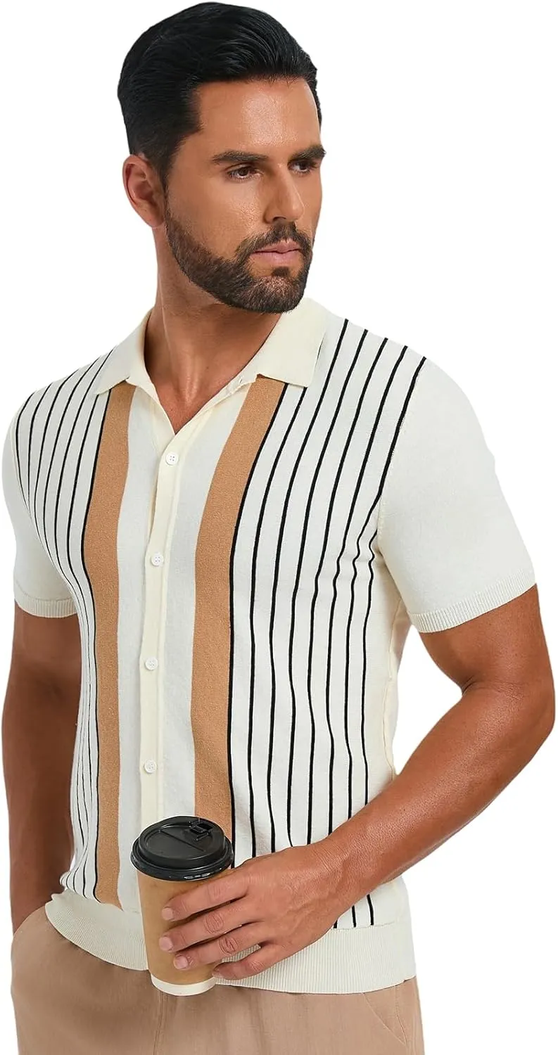Les umes Men's Knit Polo Shirts Short Sleeve Button Down Shirts Striped Summer Beach Casual Shirt