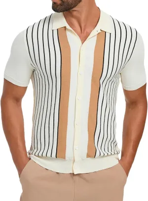 Les umes Men's Knit Polo Shirts Short Sleeve Button Down Shirts Striped Summer Beach Casual Shirt