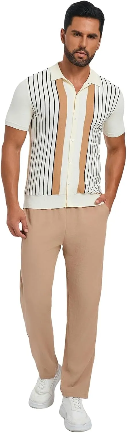 Les umes Men's Knit Polo Shirts Short Sleeve Button Down Shirts Striped Summer Beach Casual Shirt