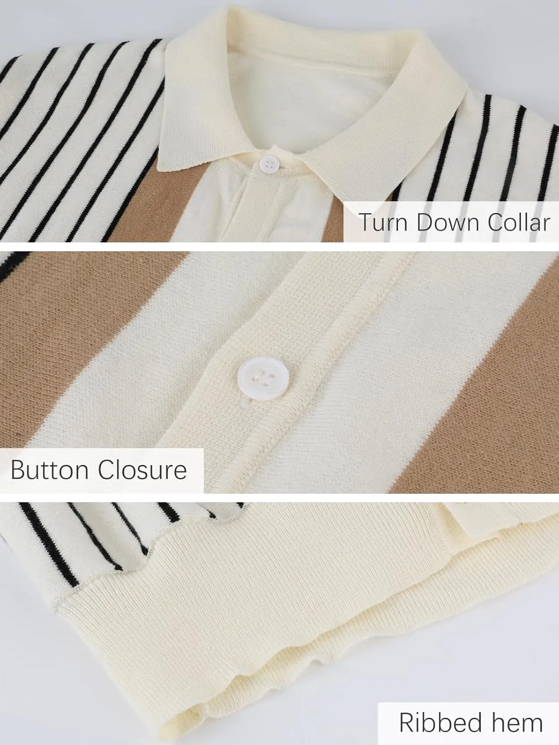 Les umes Men's Knit Polo Shirts Short Sleeve Button Down Shirts Striped Summer Beach Casual Shirt