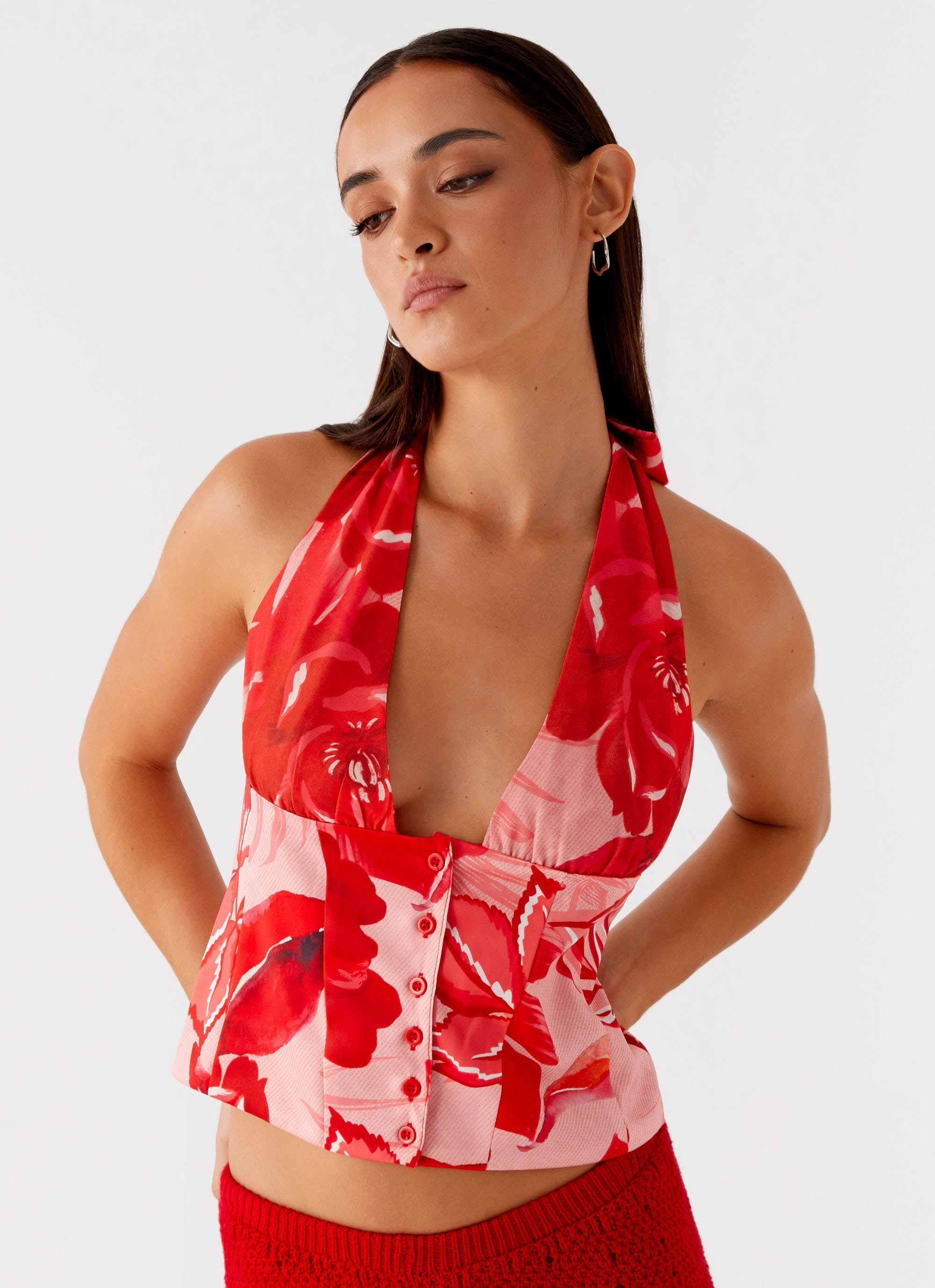 Garment Washed Finish SolarReflectiveFinish Lets Pretend Halterneck Top - Sicily Sunsets Print