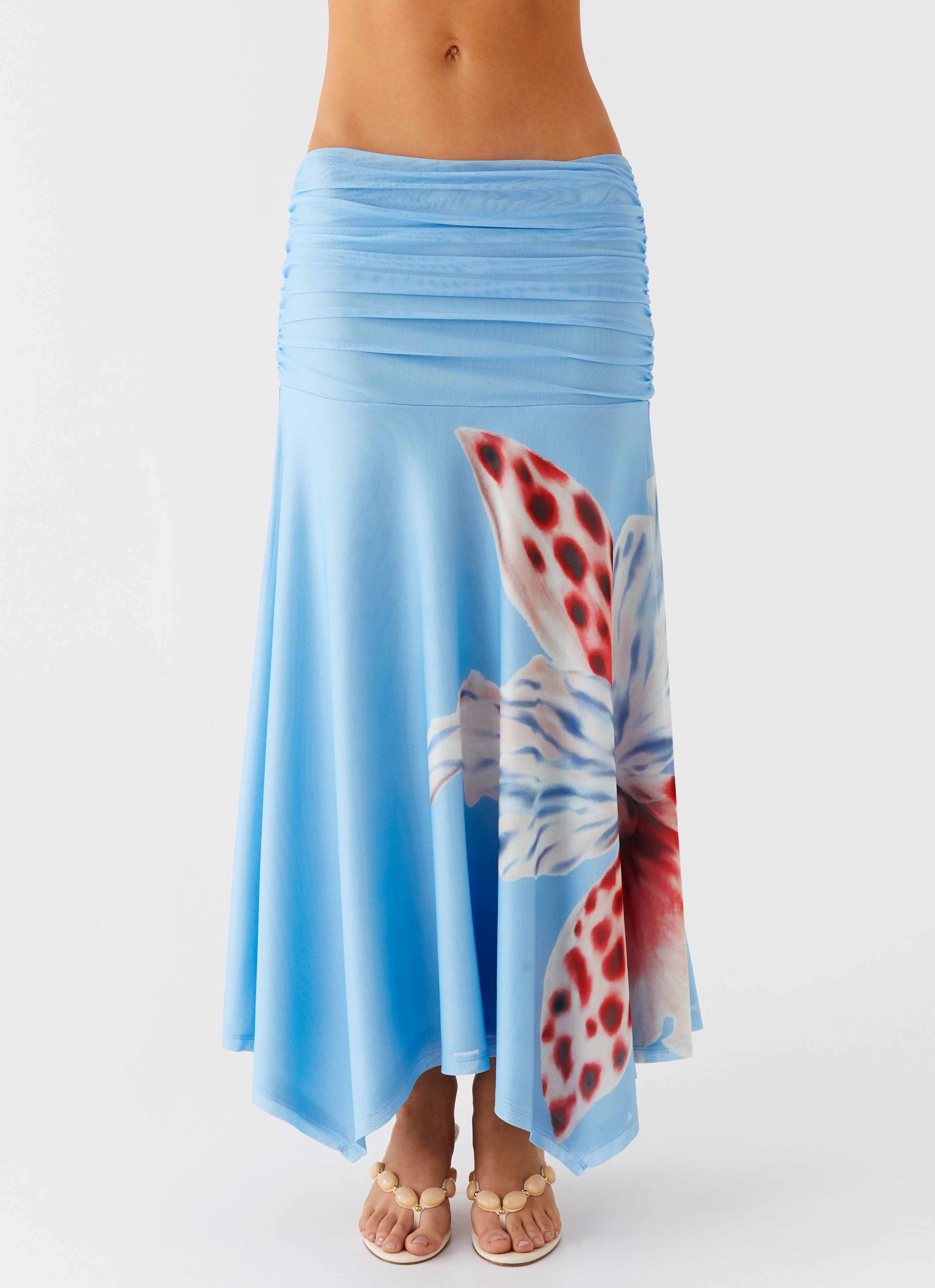 Flexible Knee Articulation Liana Ruched Maxi Skirt - Deep Sea Bloom