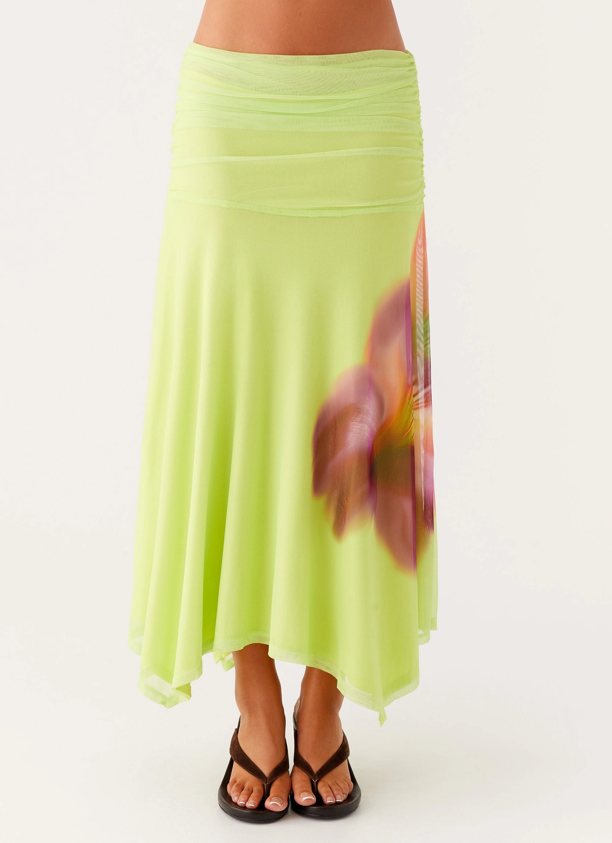 Liana Ruched Maxi Skirt - Green Tropical Tiered Layers