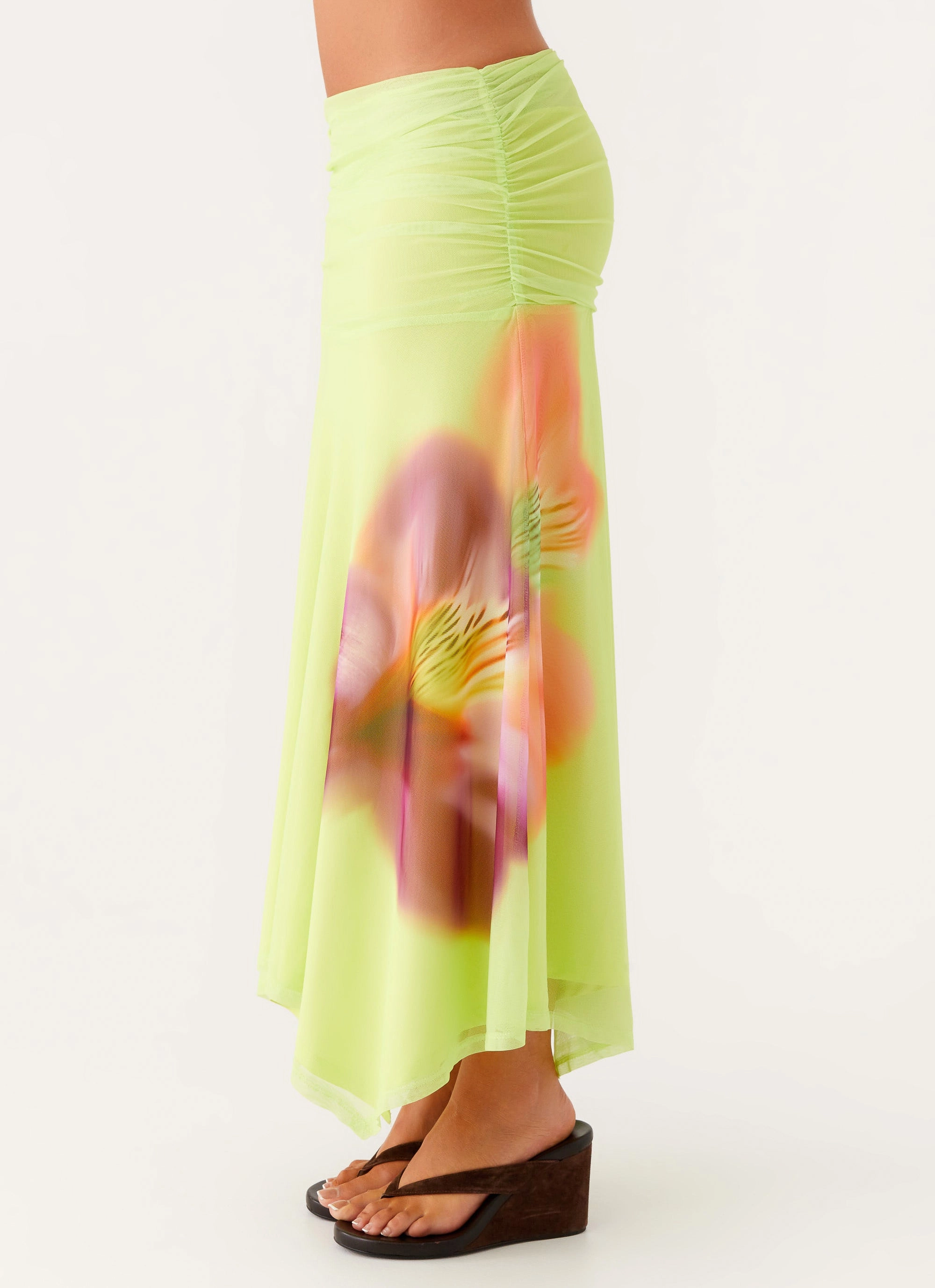 Pastel tone Liana Ruched Maxi Skirt - Green Tropical