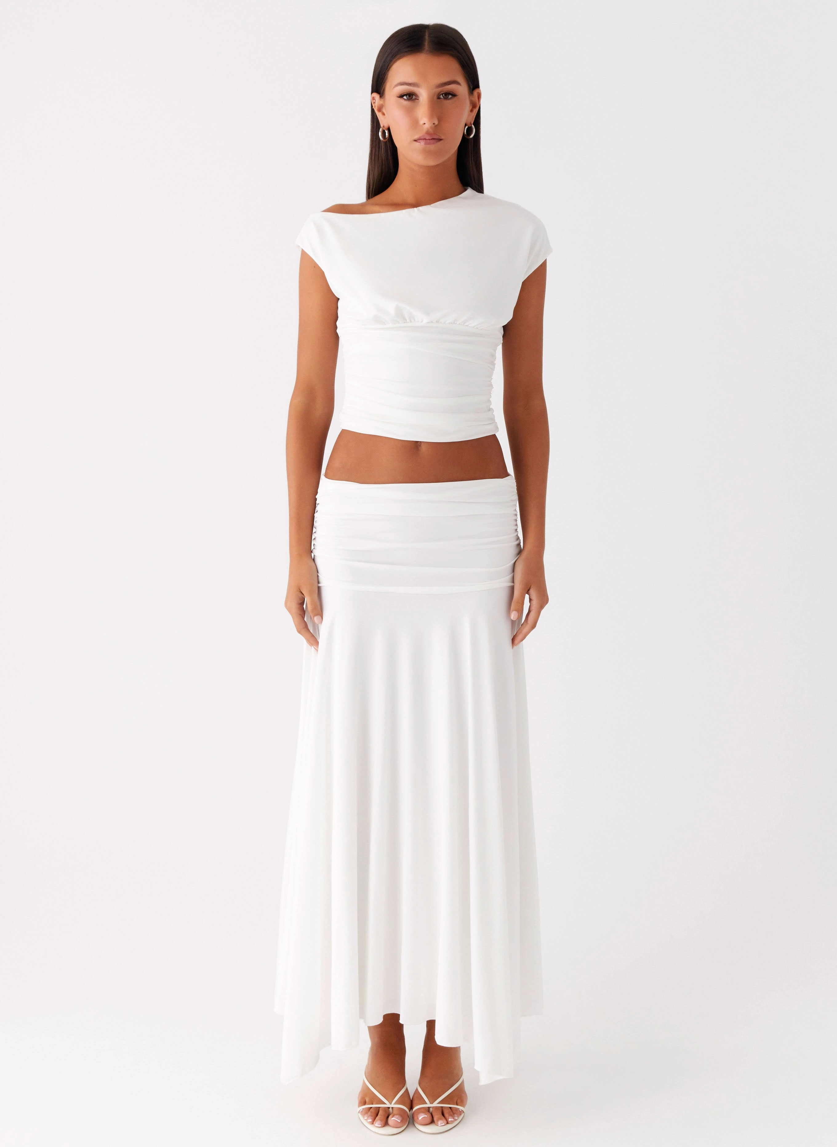 Liana Ruched Maxi Skirt - White perforated design