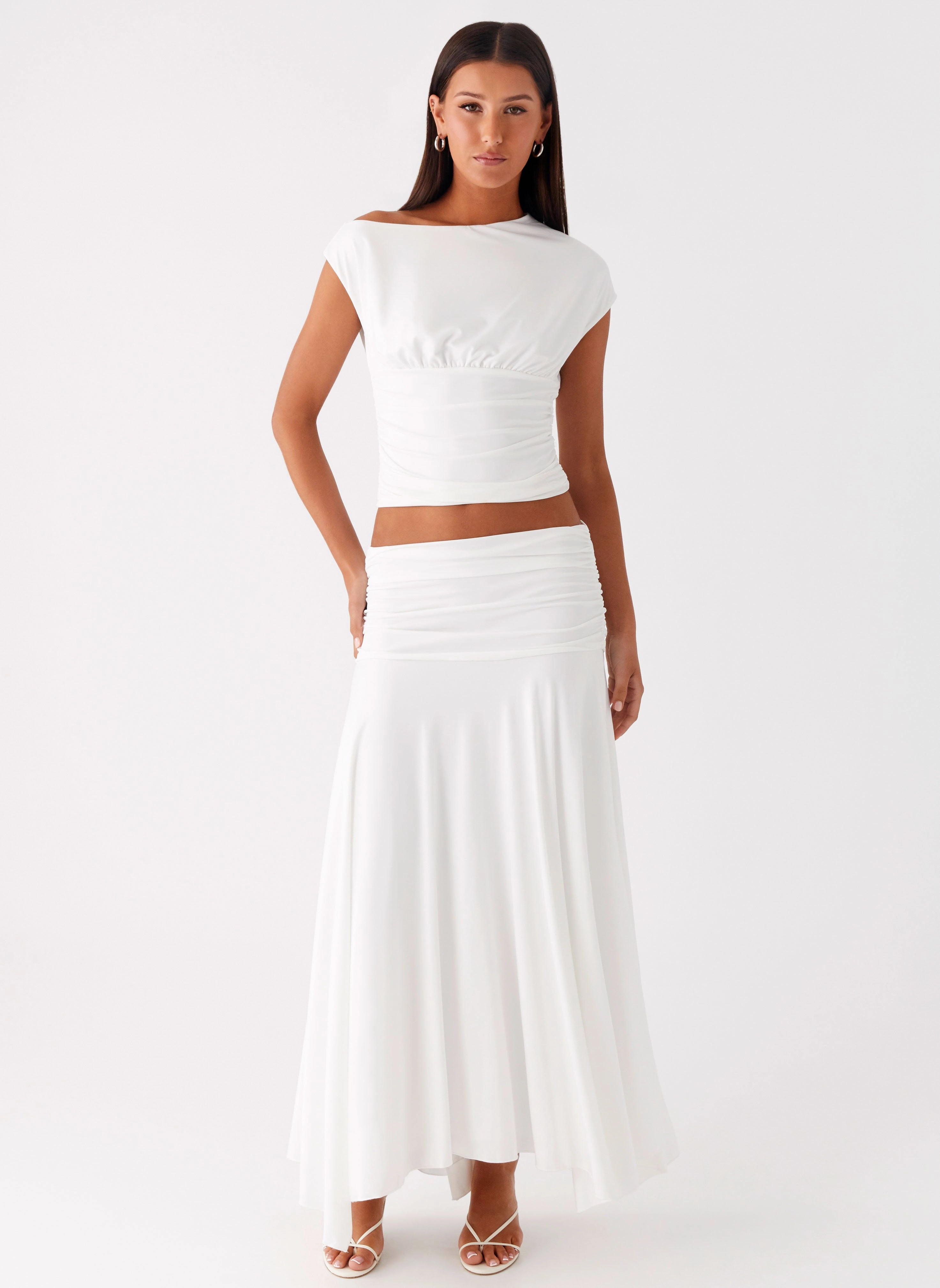 Tiered Design Liana Ruched Maxi Skirt - White