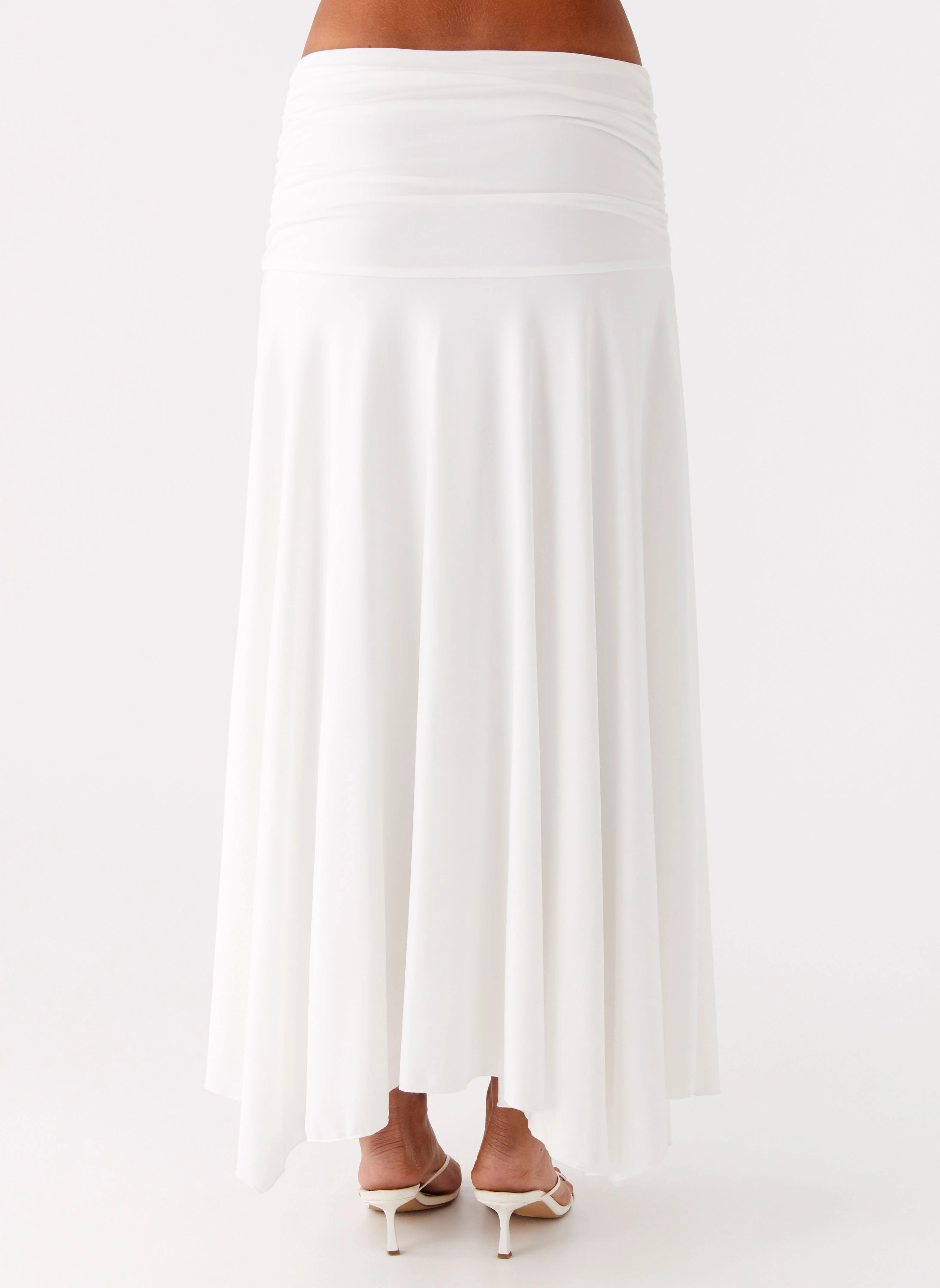 Liana Ruched Maxi Skirt - White Weighted Hem elastic waistband