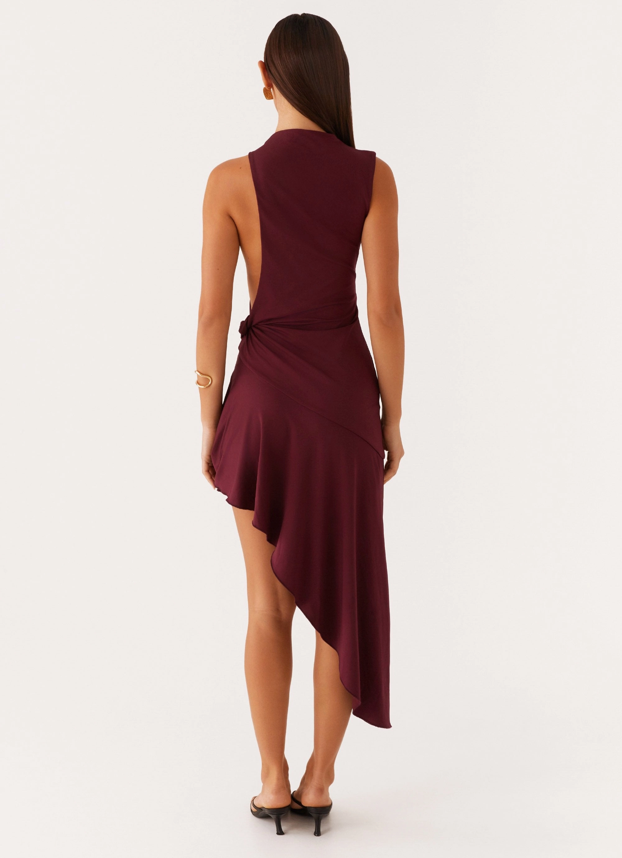 Venetia Asymmetric Maxi Dress - Deep Maroon Off-Shoulder Light Cloud