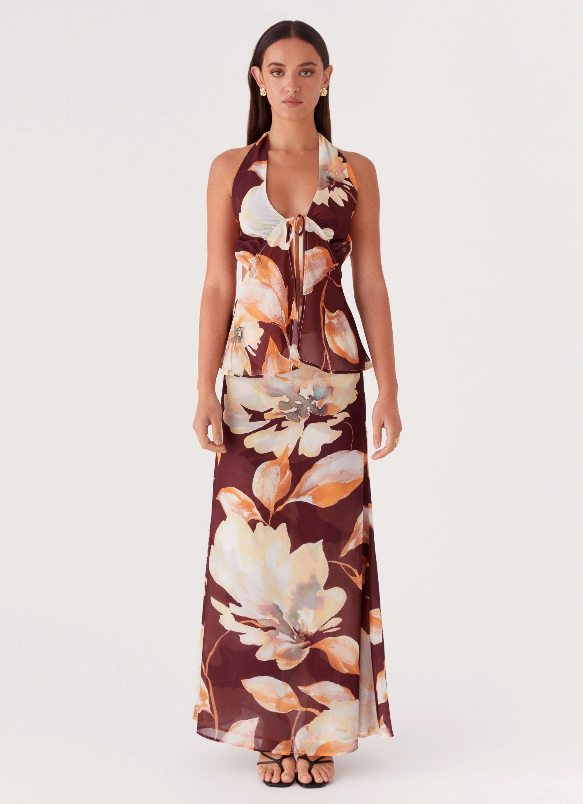 Polished Style Camellia Maxi Skirt - Brown Floral