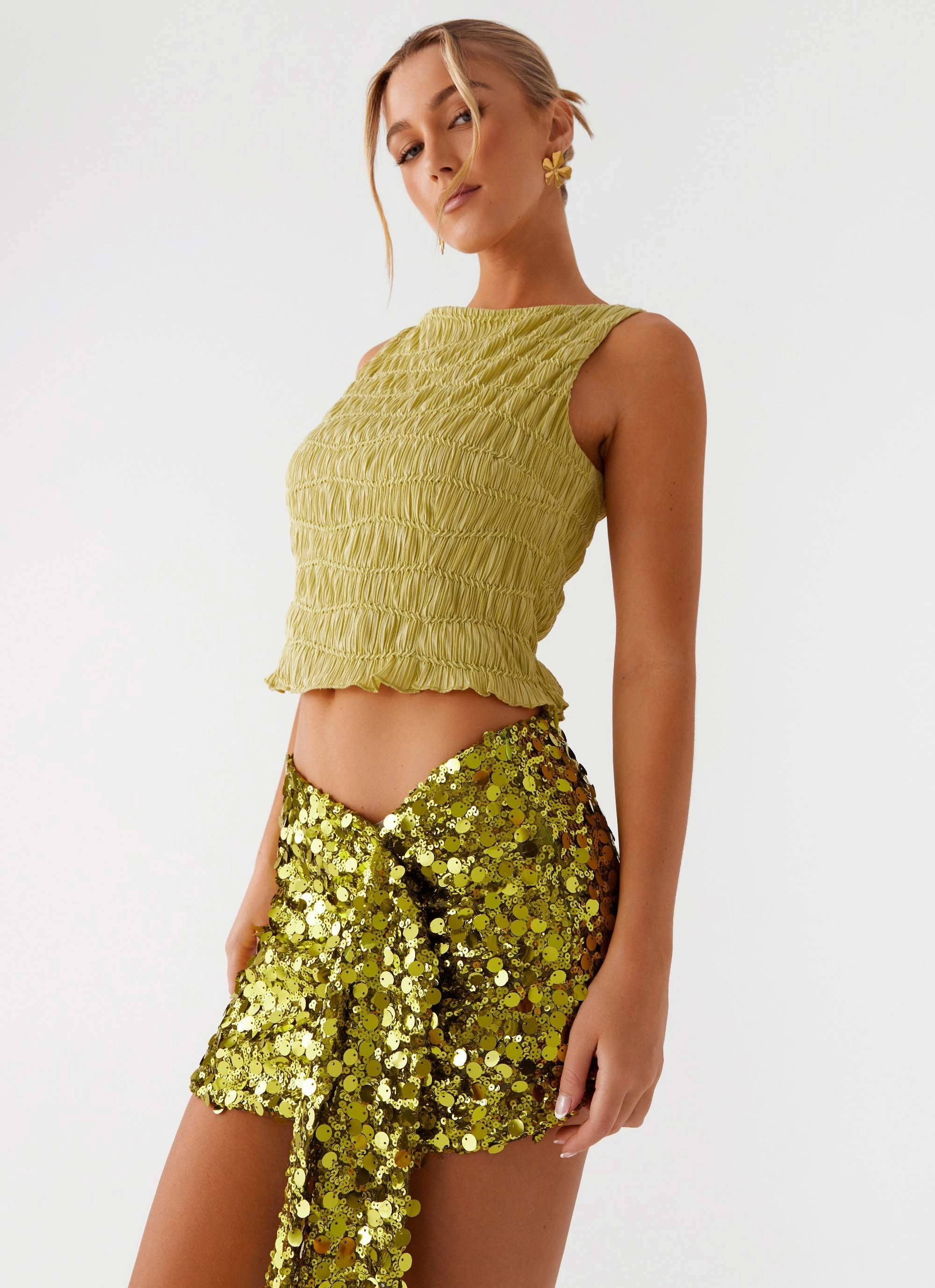 Lights On Sequin Mini Skirt - Olive Evening Outing