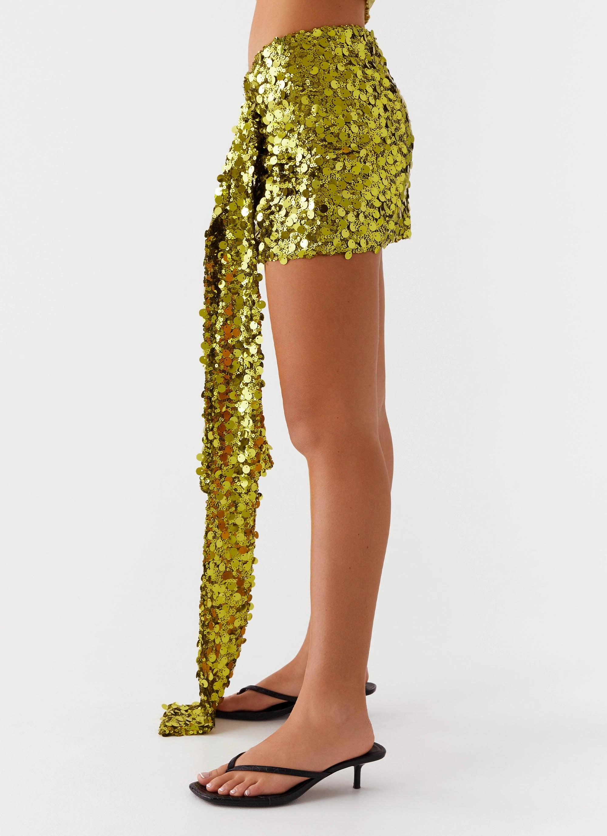 High low hem Modest Wear Lights On Sequin Mini Skirt - Olive