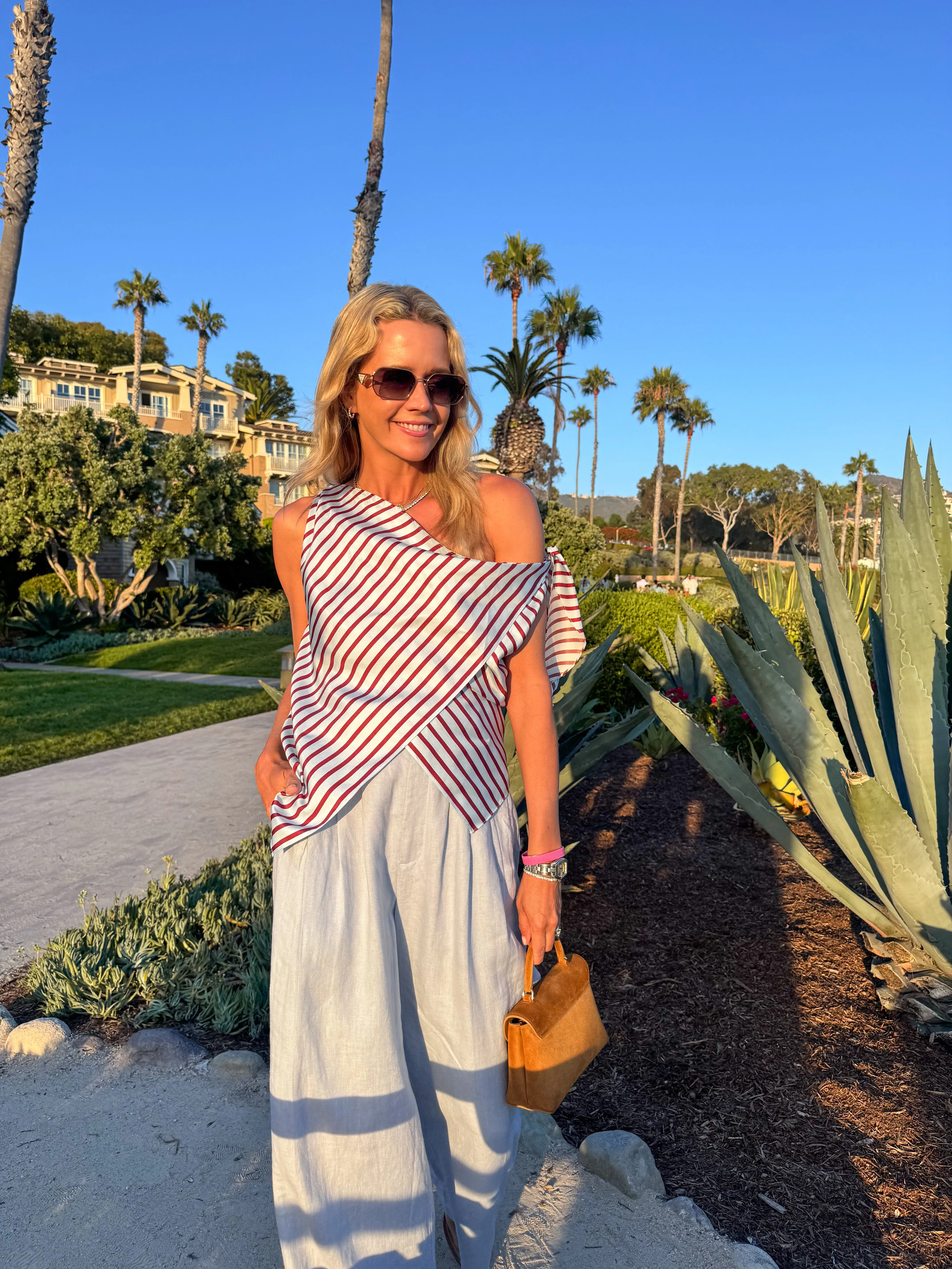 Secure Waistband Sporty Fit Design MASONS DAUGHTER | Lily Scarf Top, Blue & Burgundy Striped