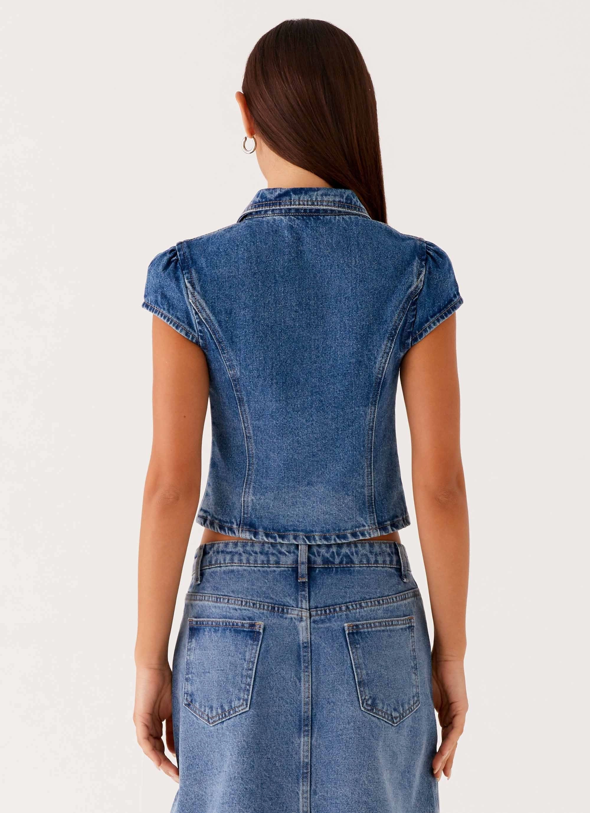 Summer Blouse Raw Edge Finish Stella Button Up Top - Blue