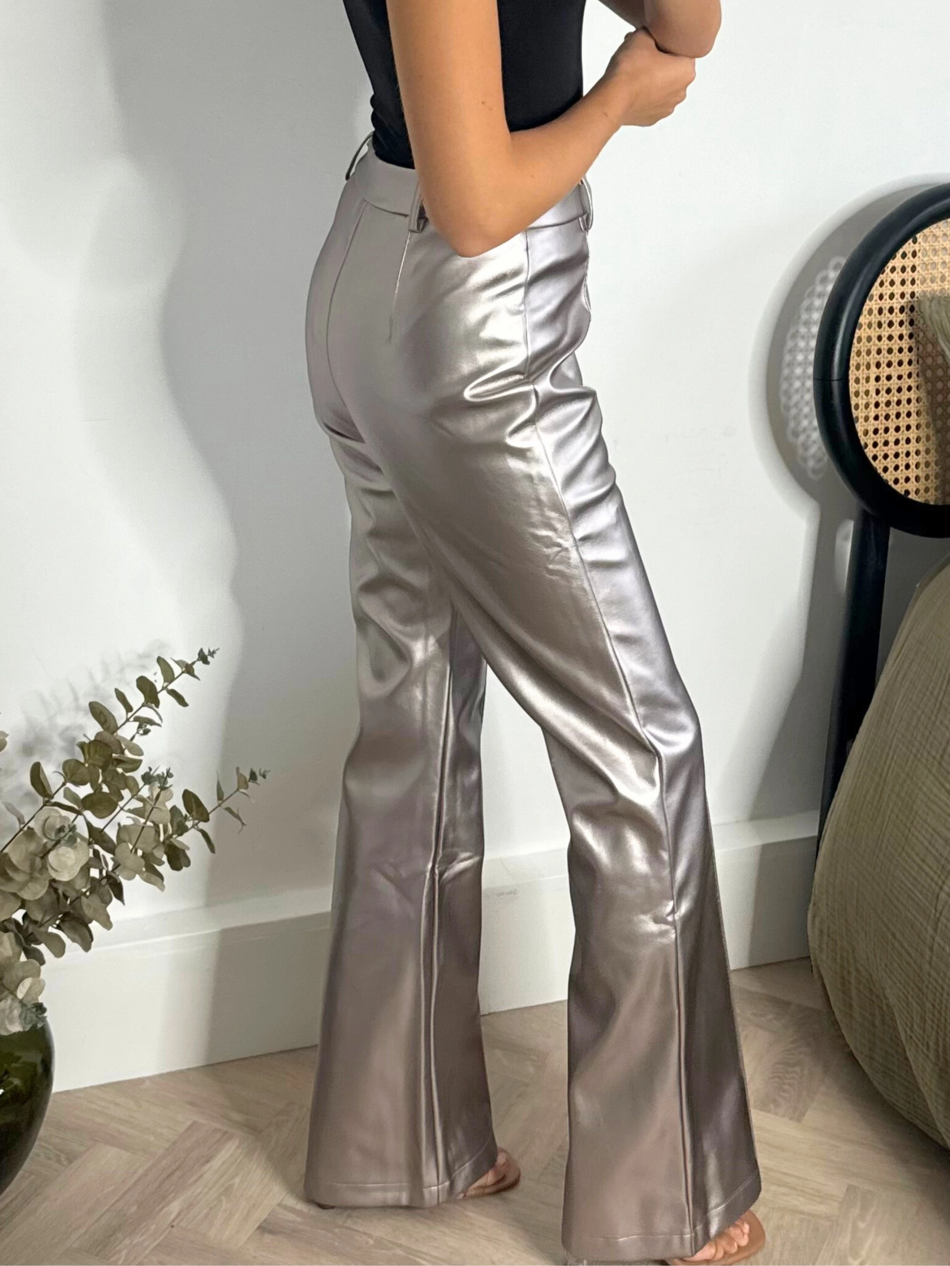 Tear Resistant Design Alyssa PU Flare Trouser / Metallic