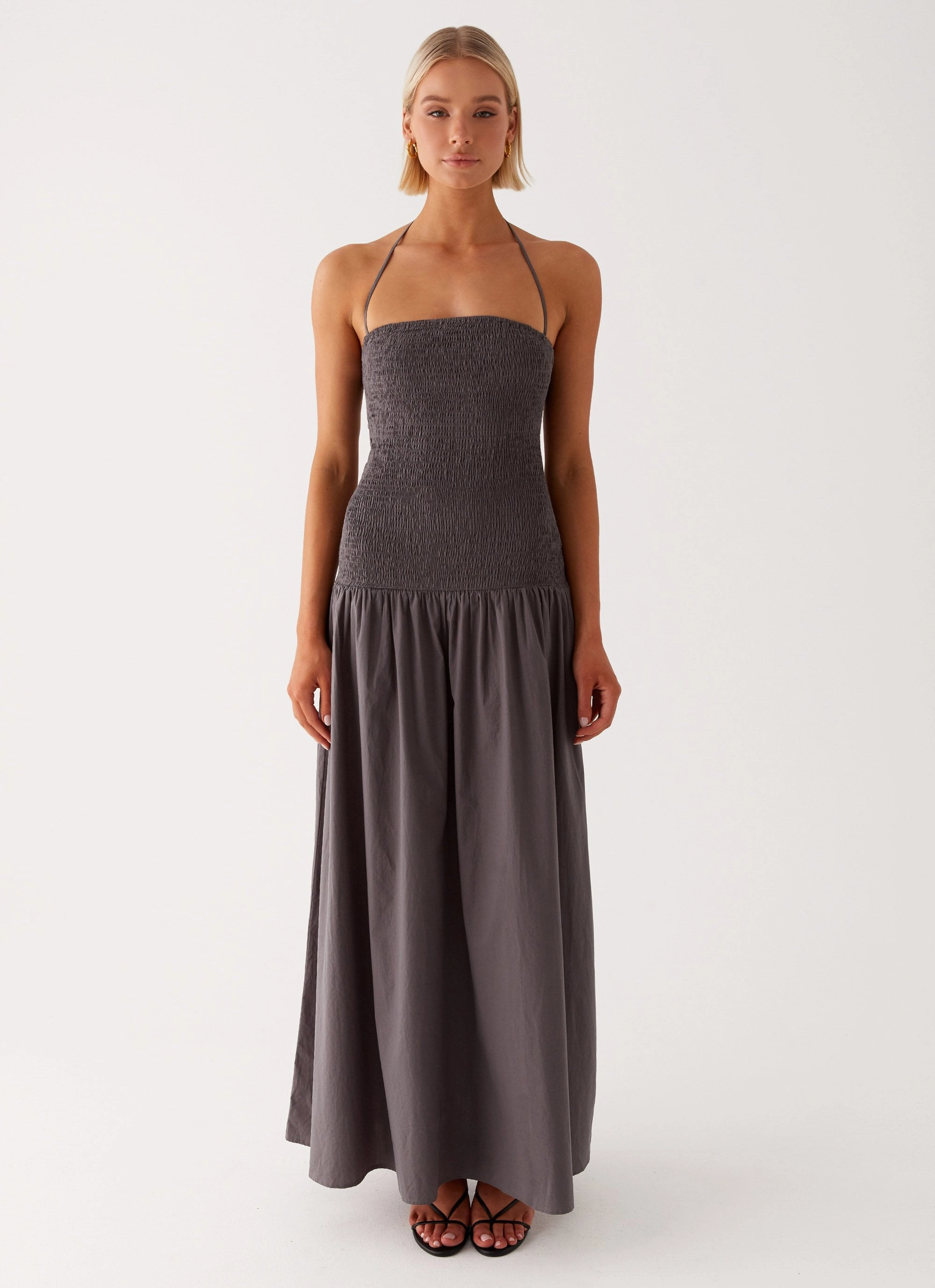 Zahra Maxi Dress - Charcoal ruffle trim
