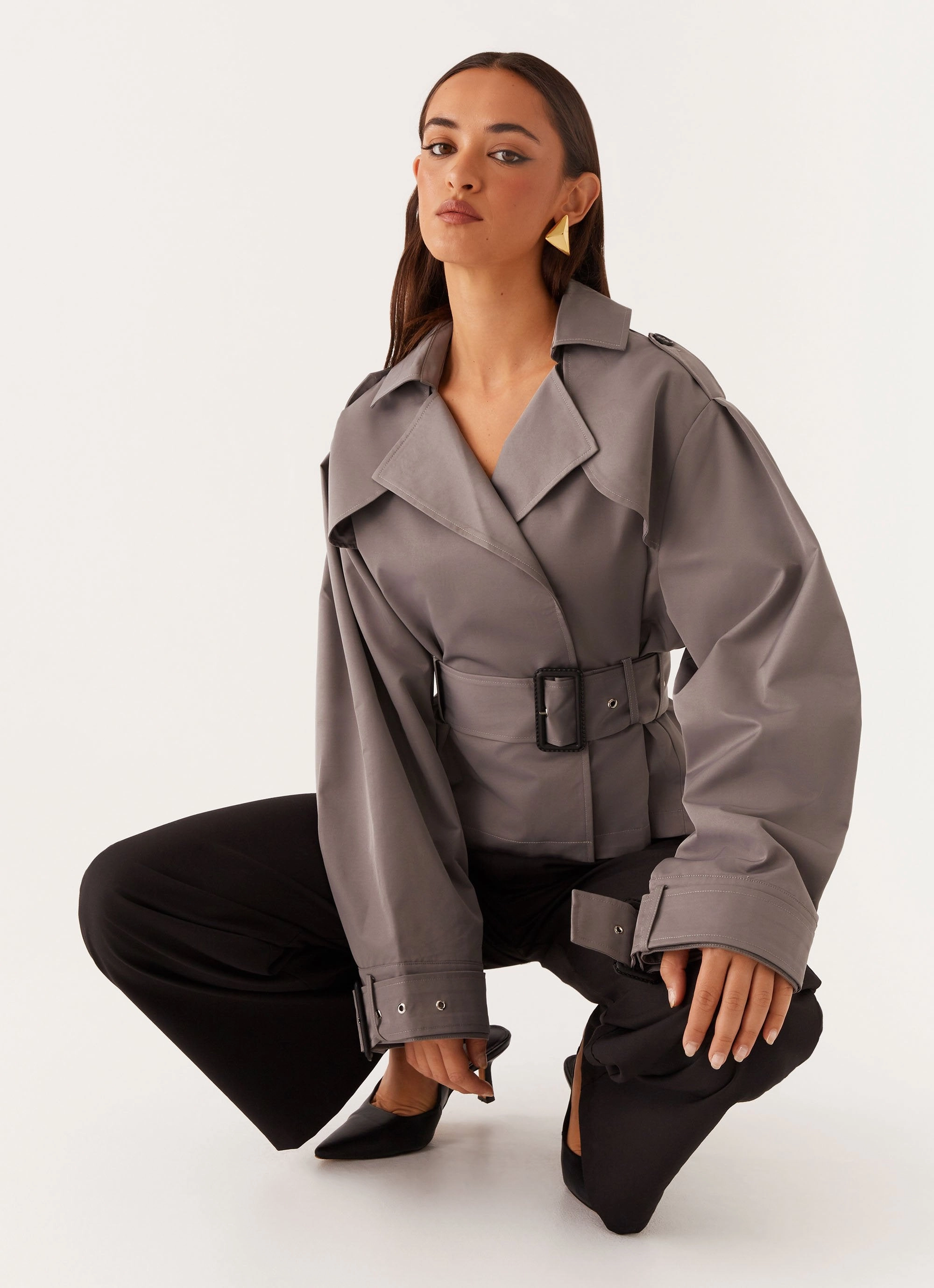 Boston Cropped Trench Coat - Charcoal Wind Resistant Fabric
