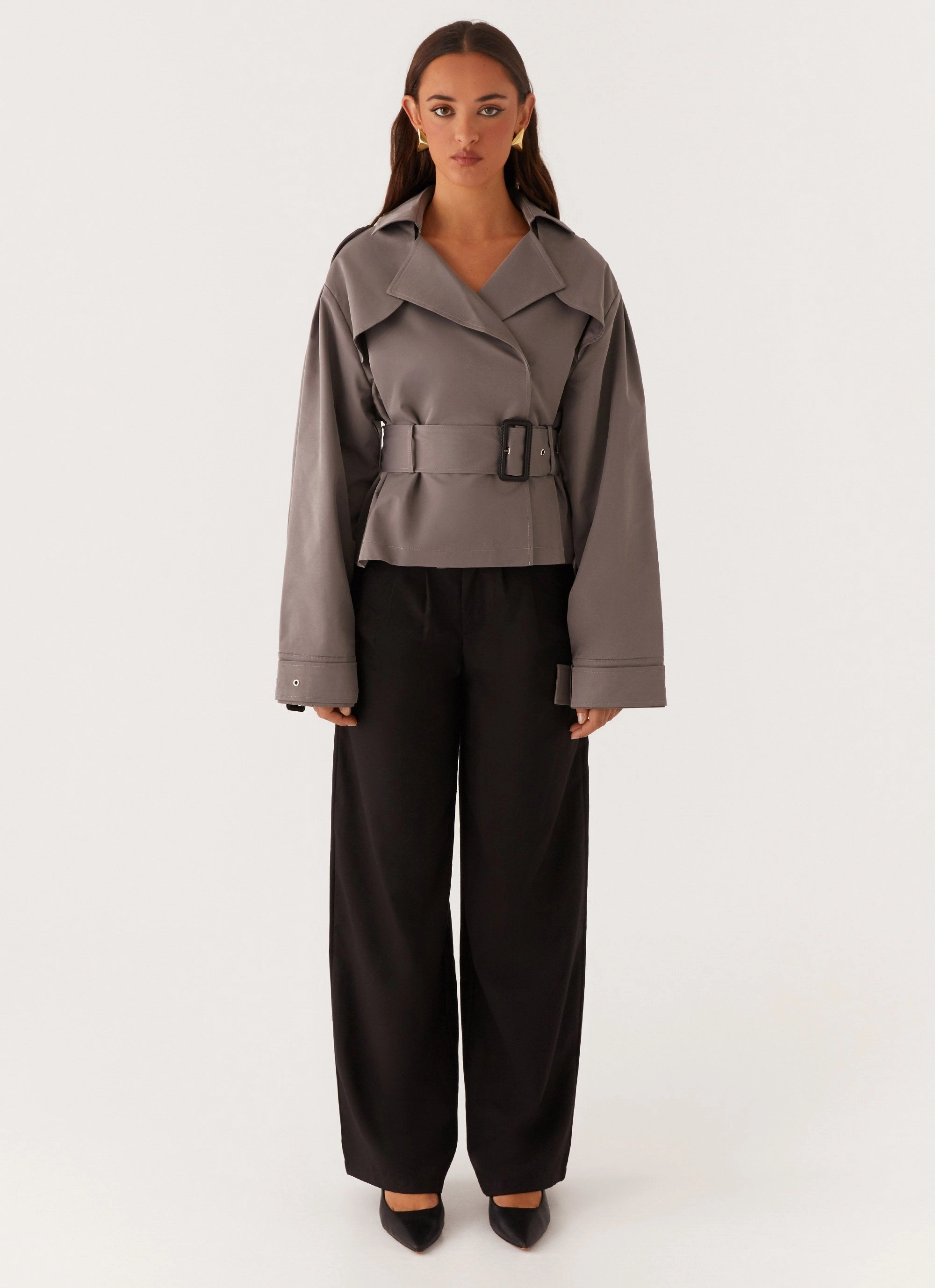 Boston Cropped Trench Coat - Charcoal Asymmetric Hemline