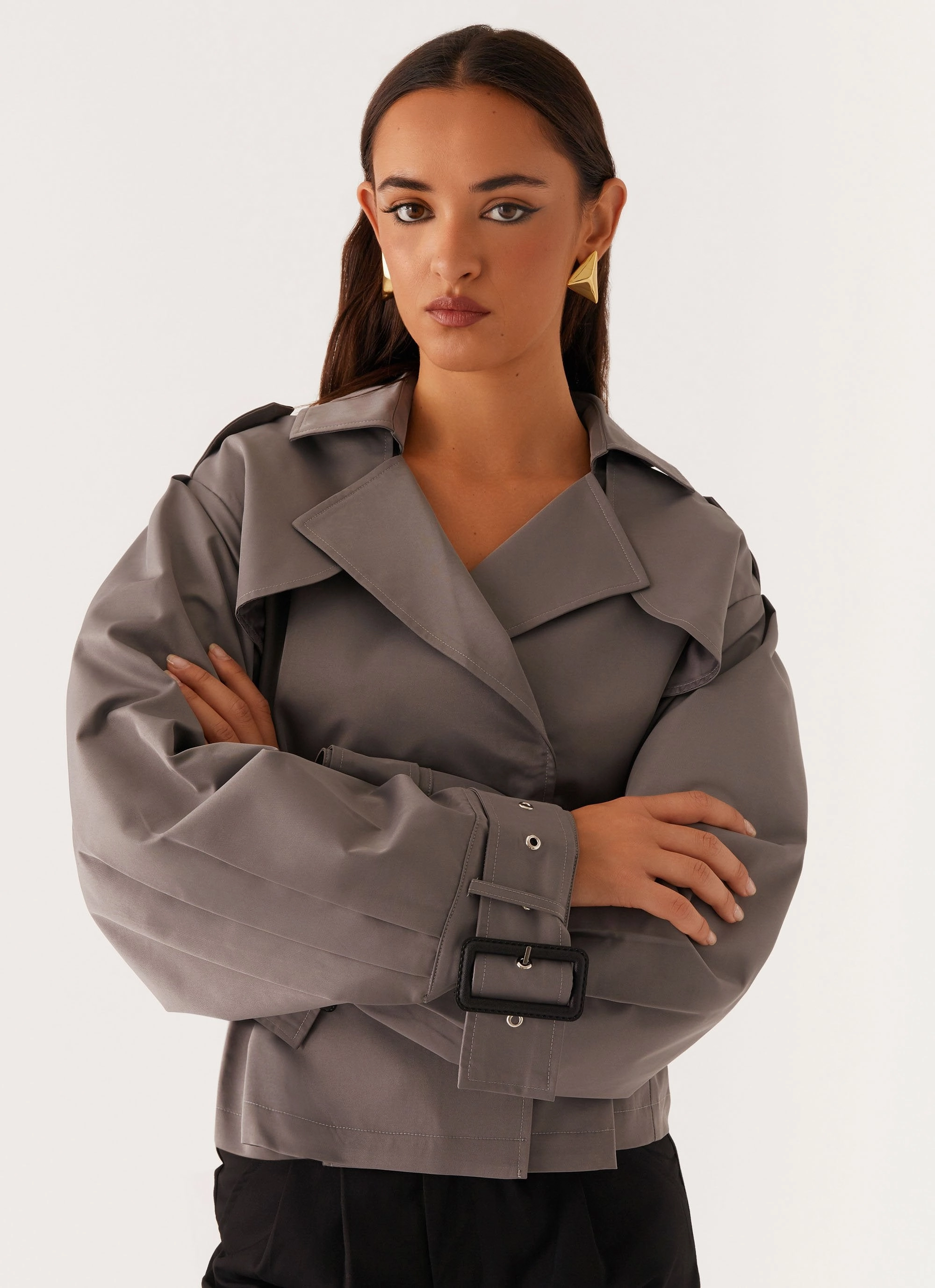 All weather Boston Cropped Trench Coat - Charcoal