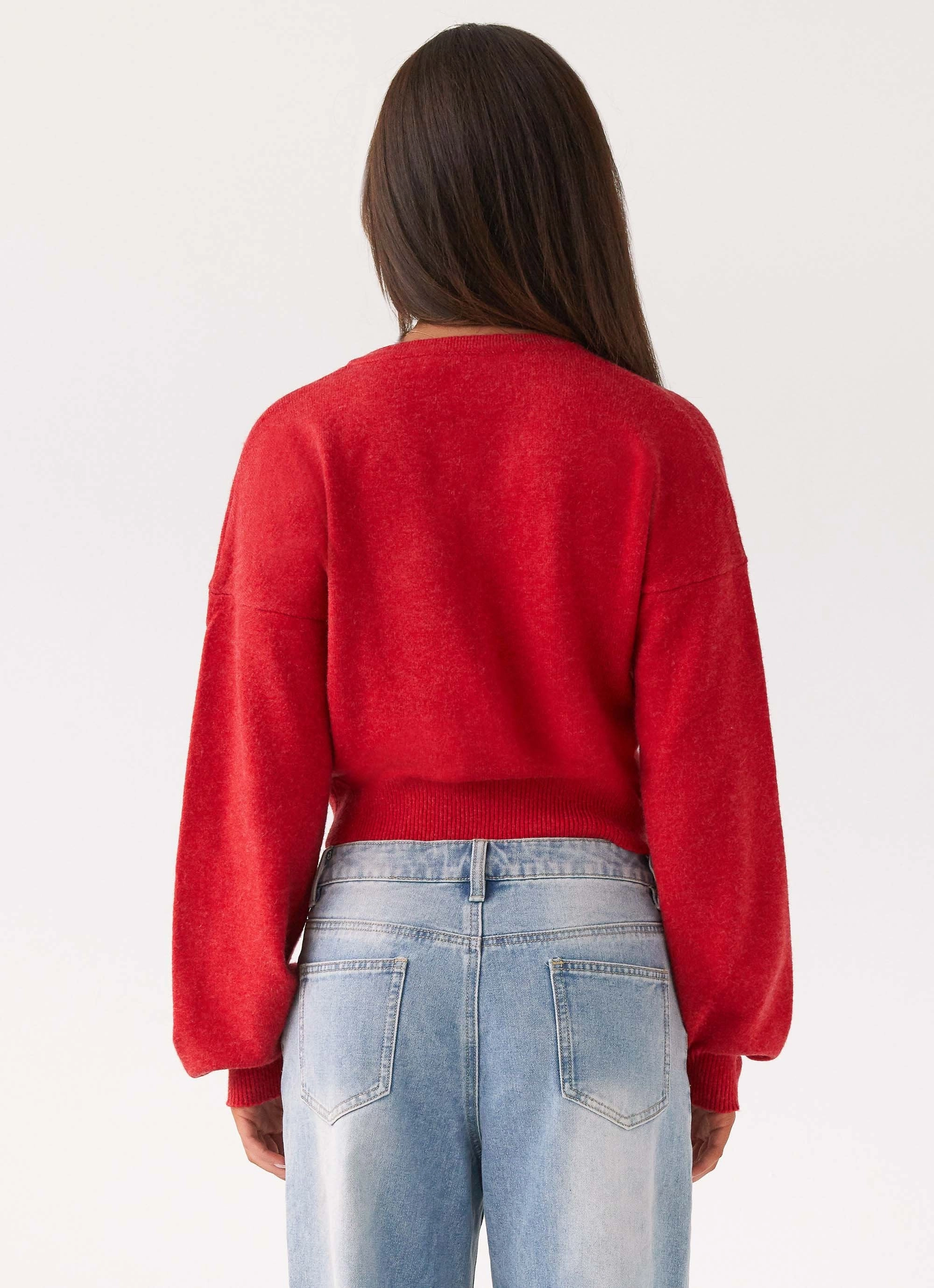 Sustainable Material Blend Wide Shoulder Cut Deserve Me Knit Top - Cherry