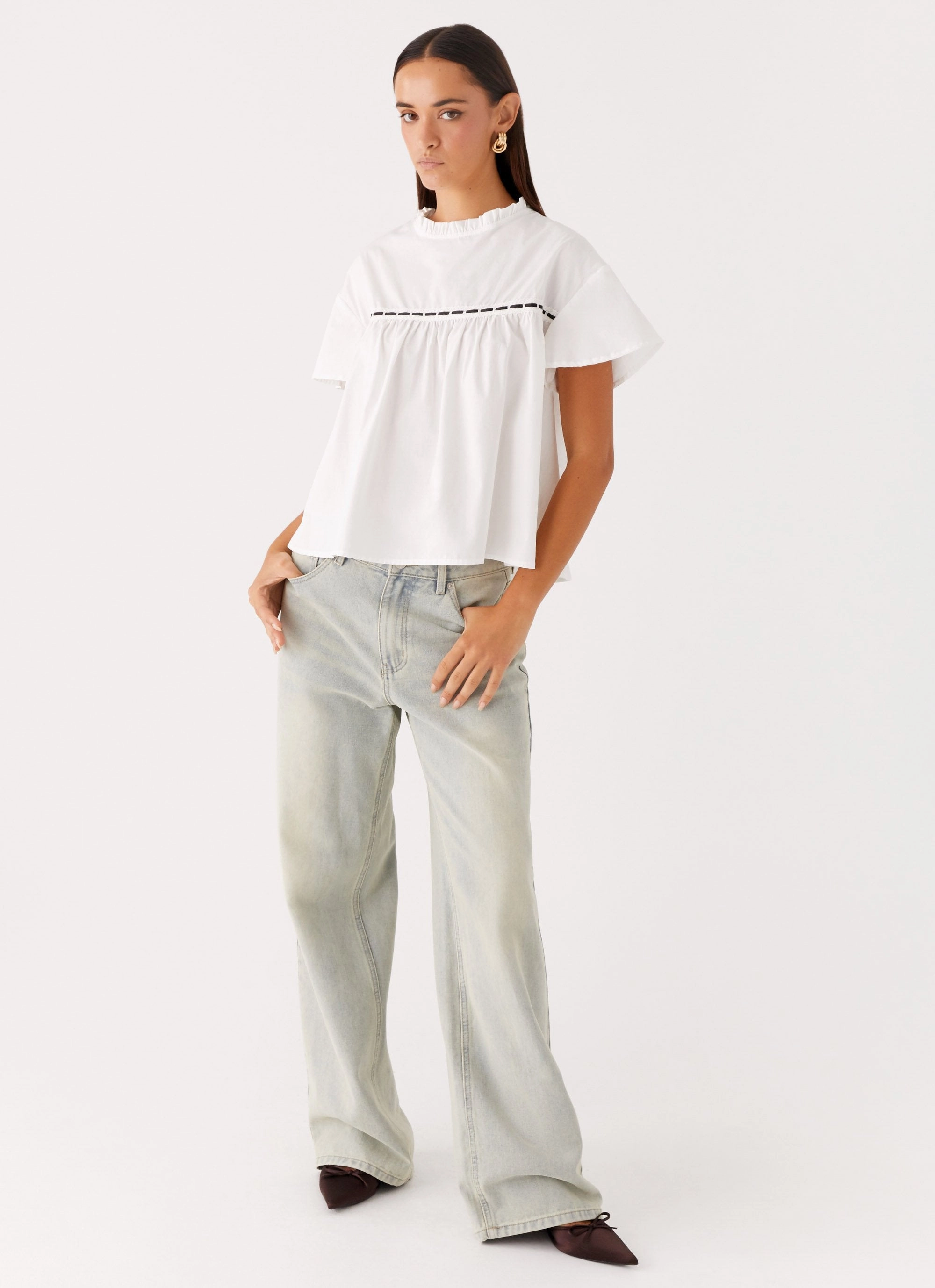 Lila Babydoll Top - White Soft Touch Layered Collar