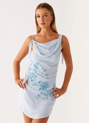 Sleek Draping Lily Beaded Mini Dress - Pastel Blue