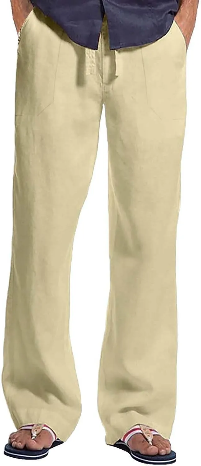 Linen Dress Pants for Men Summer Baggy Beach Wedding Yoga Pants with Pockets Loose Fit Trousers with Elastic Waist